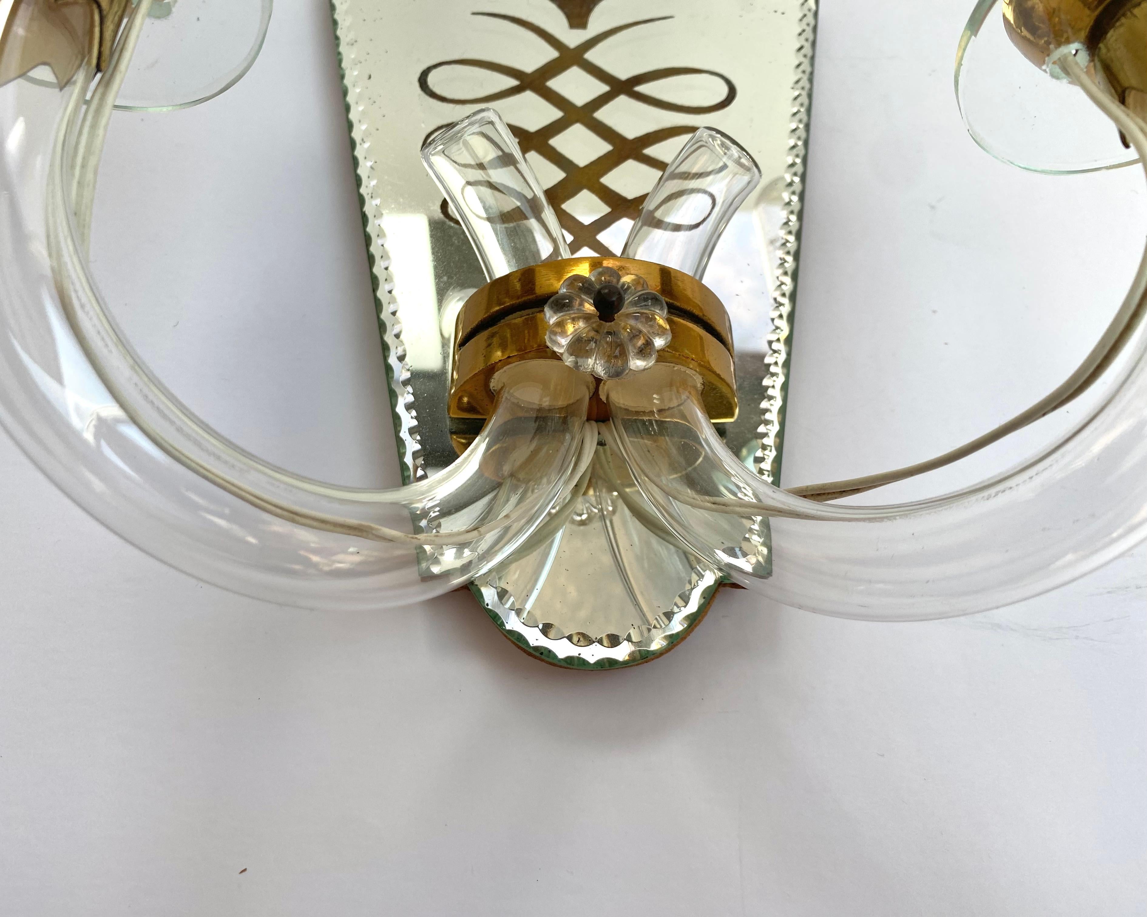 Pair of Antique Mirrored Brass Wall Sconces With Textile Shades, Art Deco, Italy For Sale 1