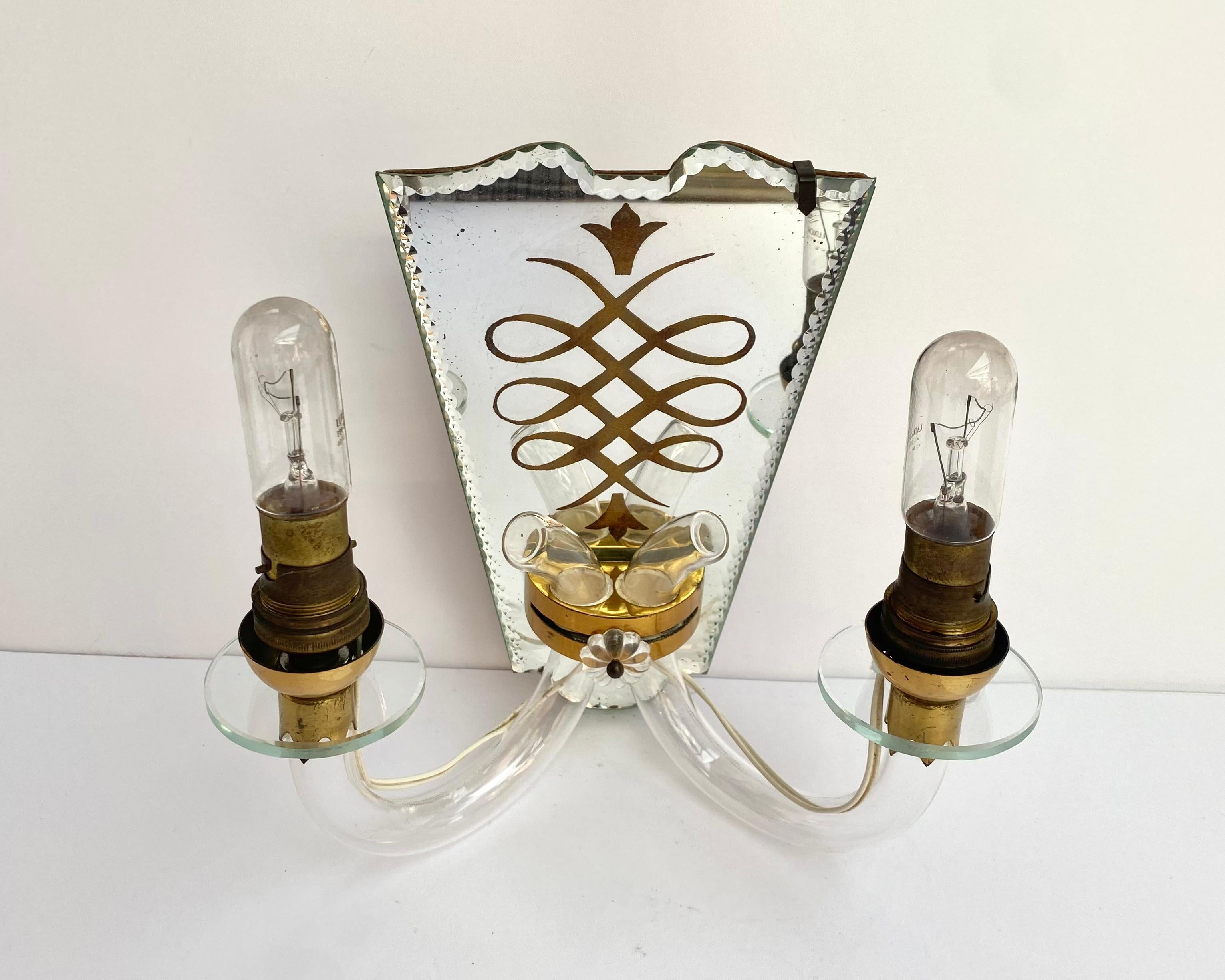 Pair of Antique Mirrored Brass Wall Sconces With Textile Shades, Art Deco, Italy For Sale 2