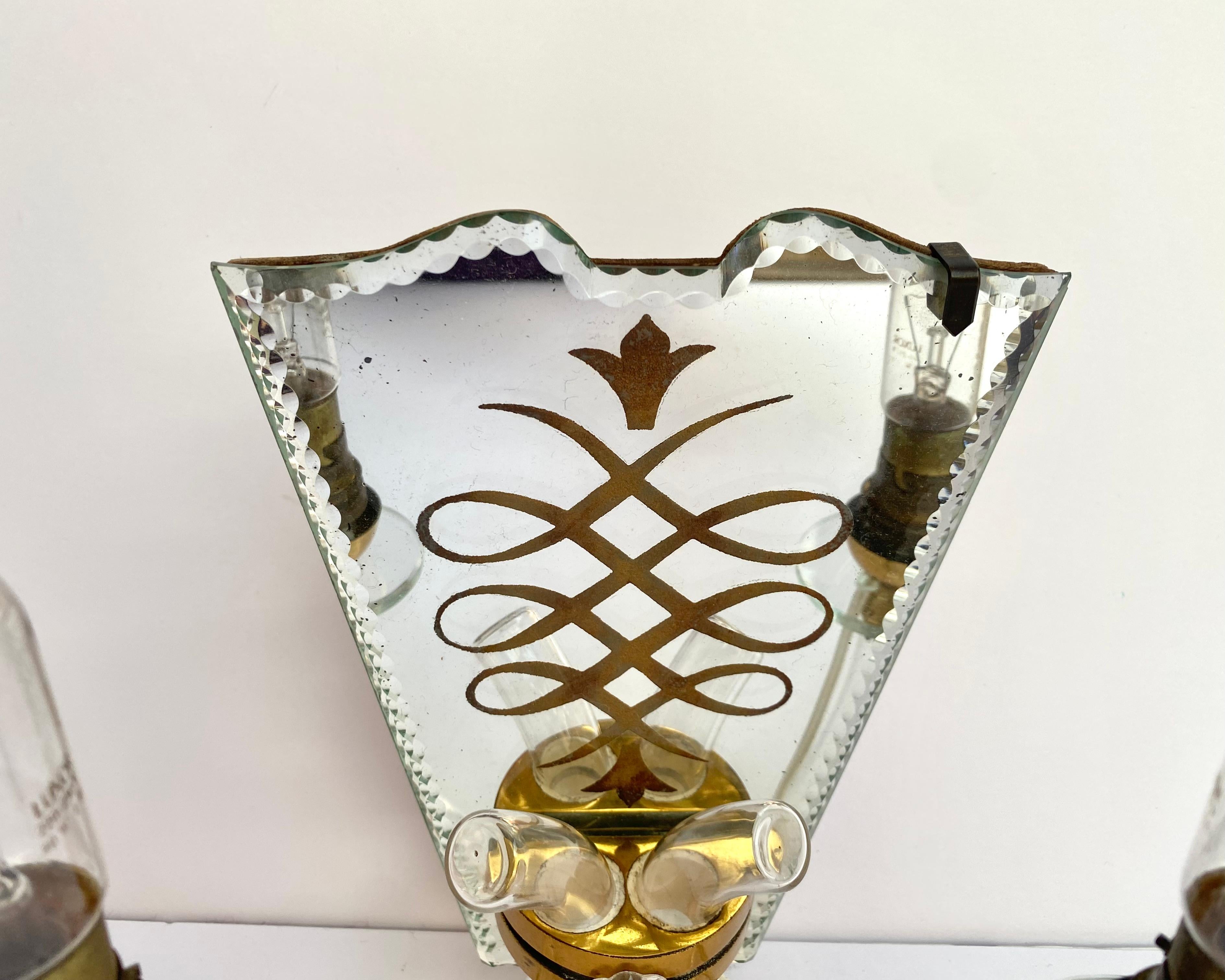 Pair of Antique Mirrored Brass Wall Sconces With Textile Shades, Art Deco, Italy For Sale 3