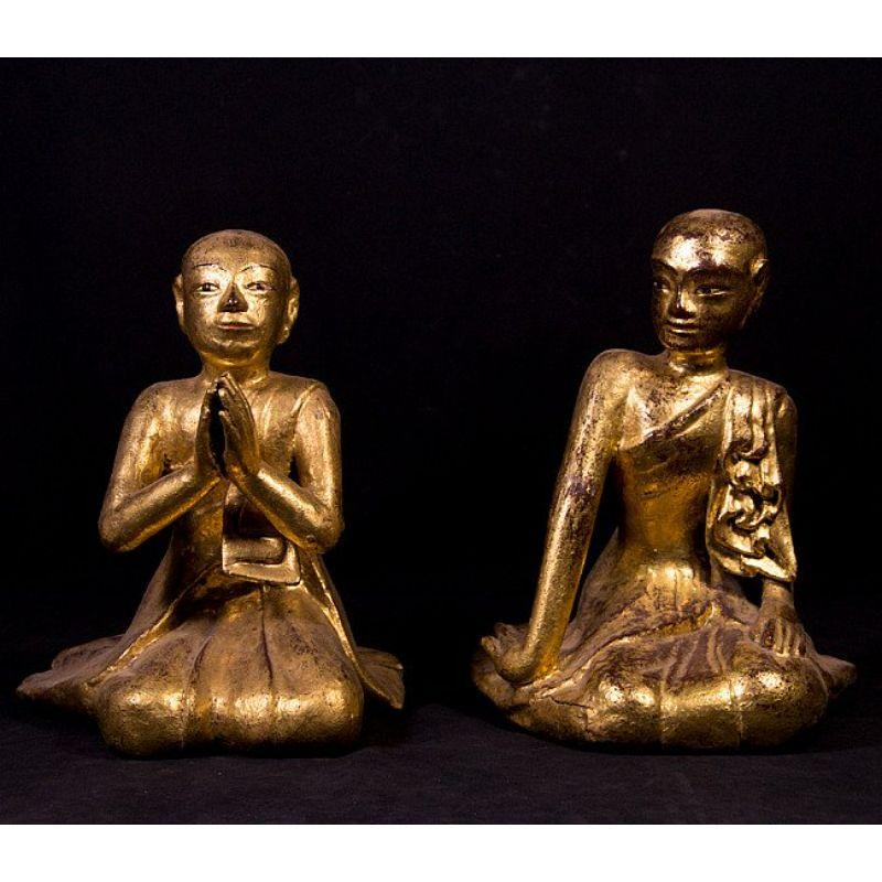 Material: wood
29,5 cm high 
Both 23,5 cm wide and 27 cm deep
Weight: 4.2 kgs
Gilded with 24 krt. gold
Namaskara mudra
Originating from Burma
19th century
Special !.

