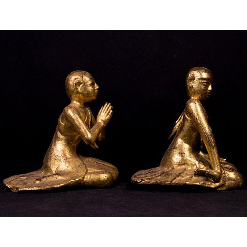 Wood Pair of Antique Monk Statues from Burma For Sale