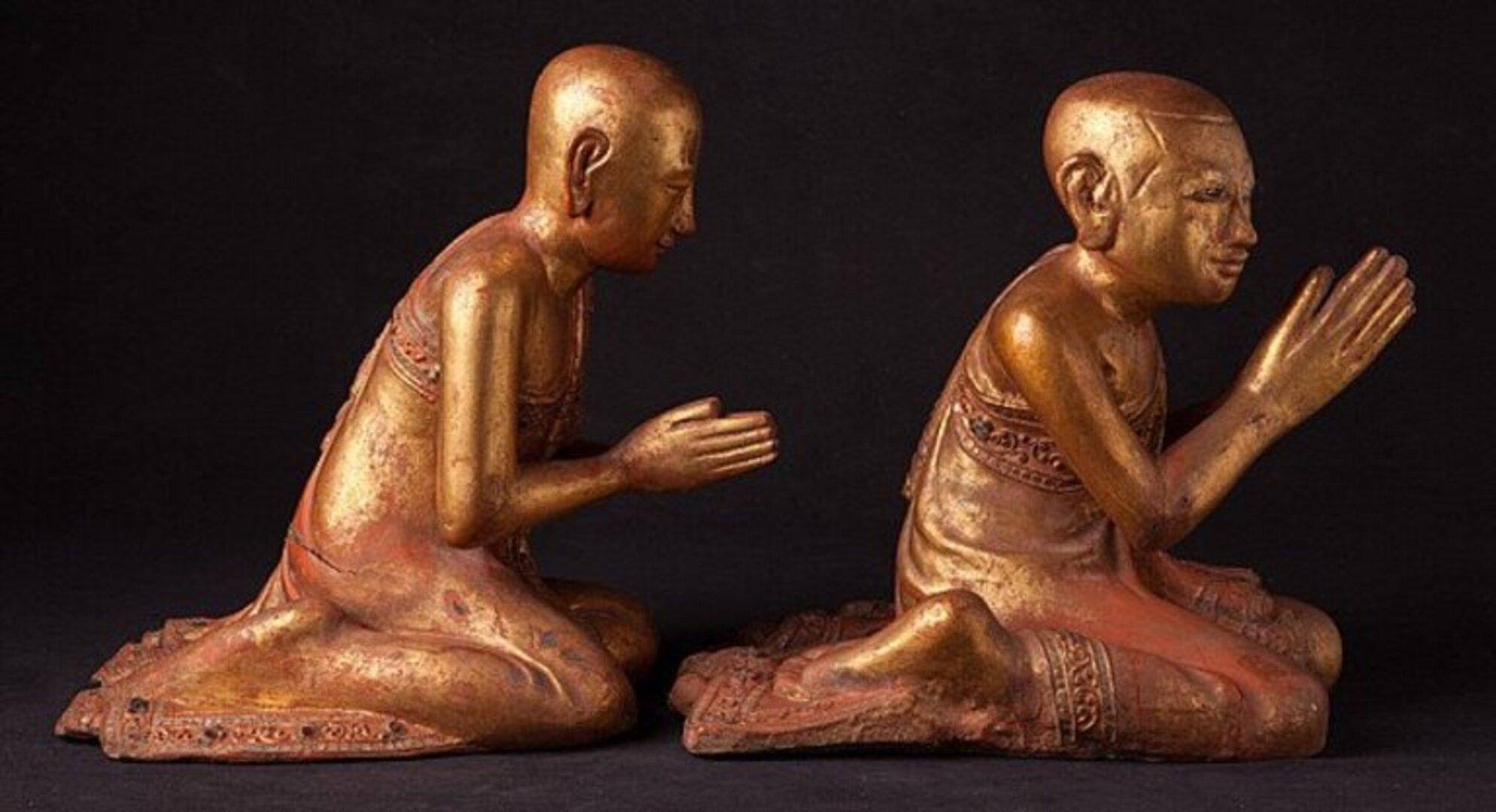 Wood Pair of Antique Monk Statues from Burma For Sale