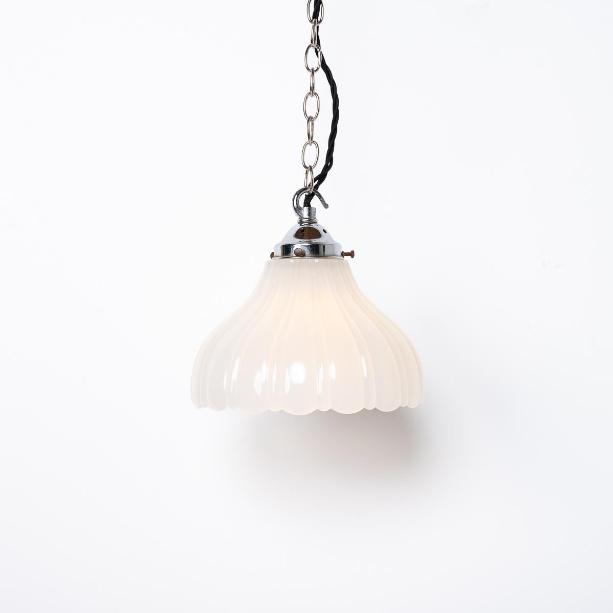 Mid-20th Century Pair of Antique Moonstone Glass Pendant Lights with Chrome Fittings For Sale