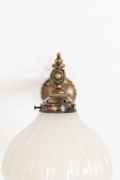 Pair of Antique Moonstone Opaline Glass and Brass Wall Lamps, c.1910