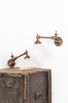 Pair of Antique Moonstone Opaline Glass and Brass Wall Lamps, c.1910