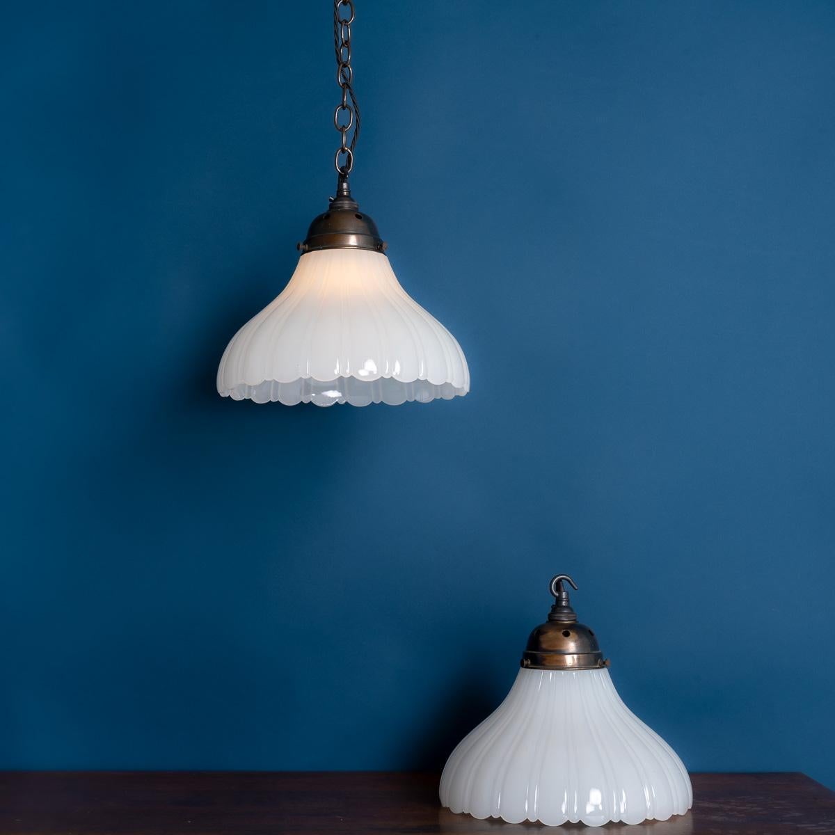 Pair of Antique Moonstone Pendant Lights with Aged Brass Fittings In Good Condition In Nottingham, GB