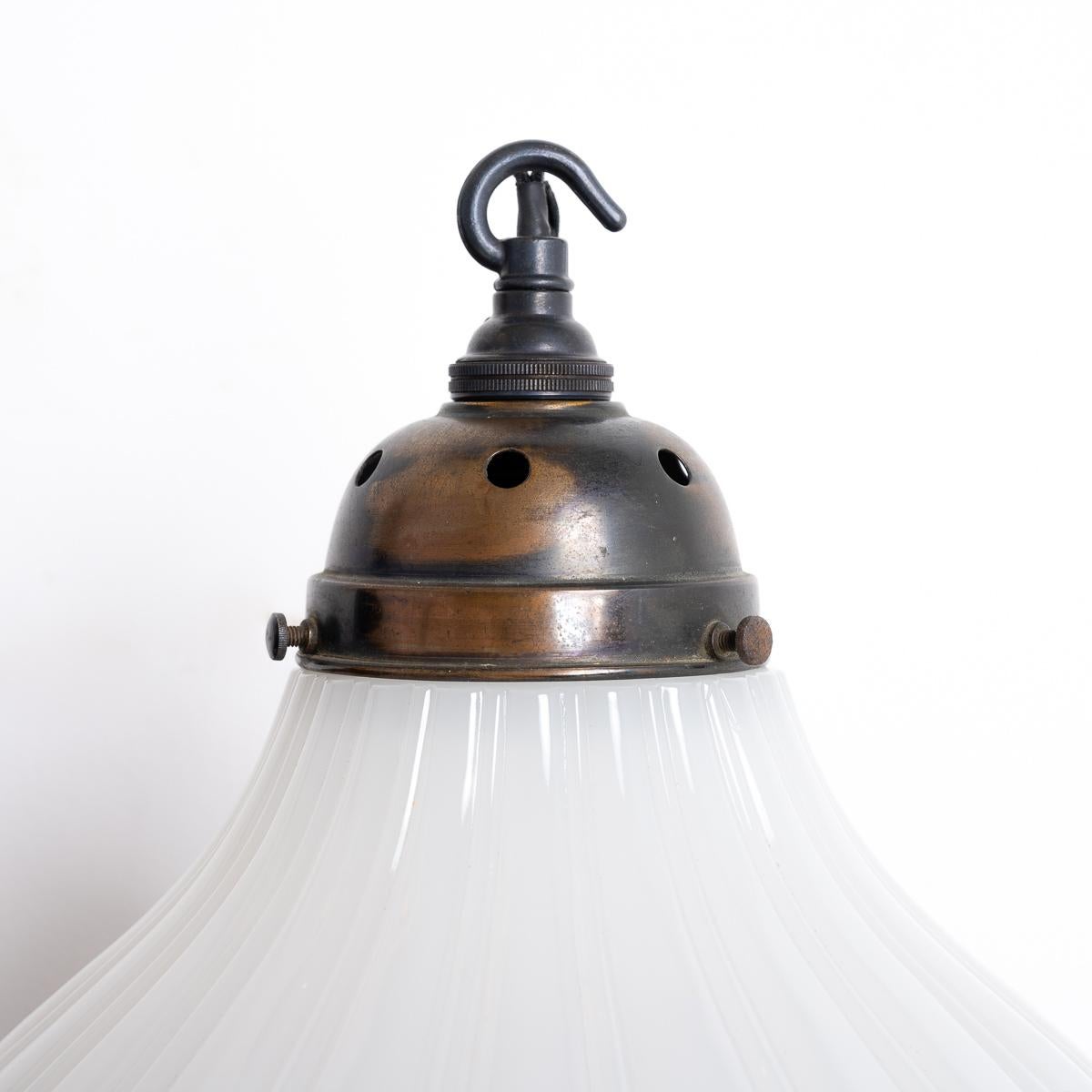 Mid-20th Century Pair of Antique Moonstone Pendant Lights with Aged Brass Fittings