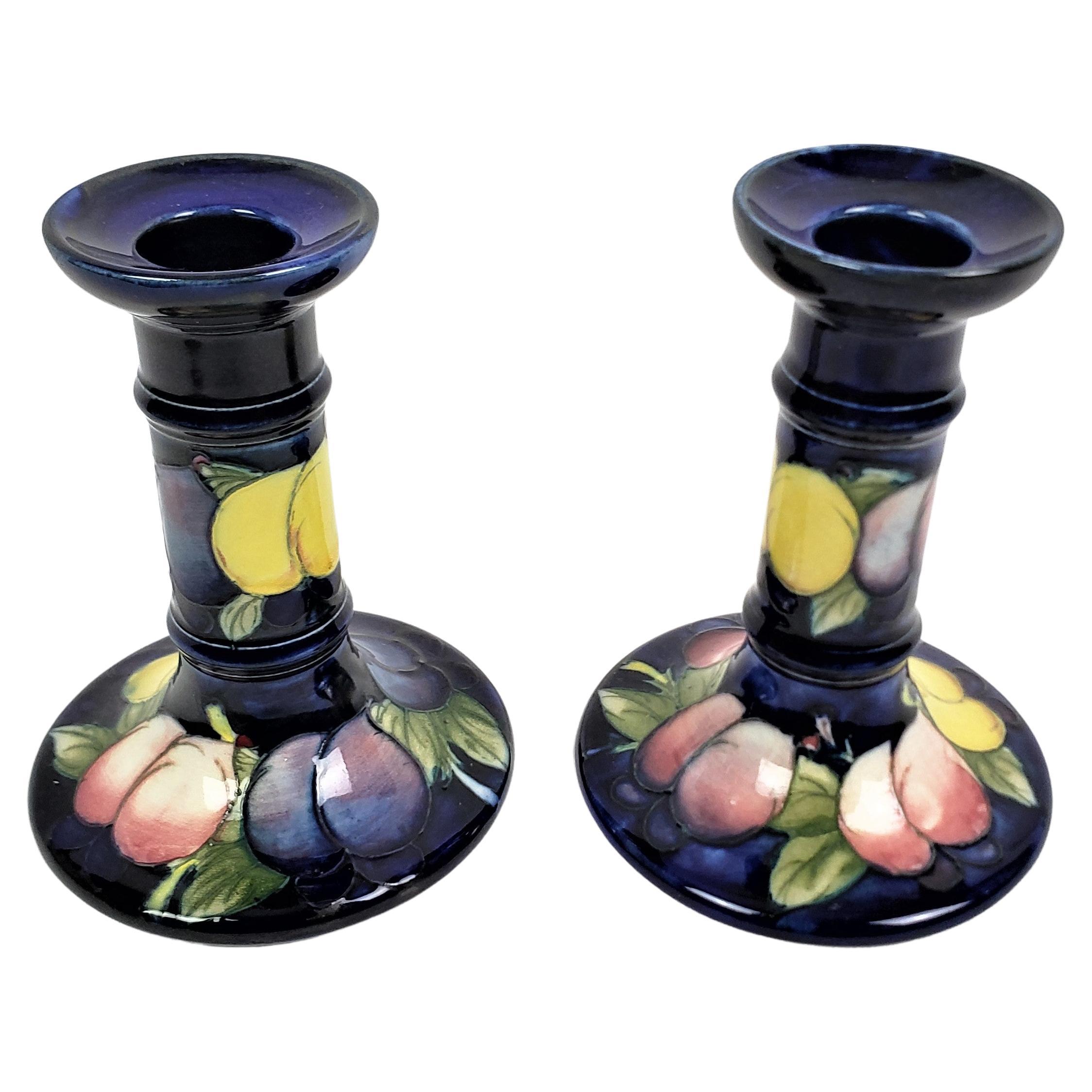 Pair of Antique Moorcroft Art Pottery Candlesticks in the Wisteria Pattern For Sale
