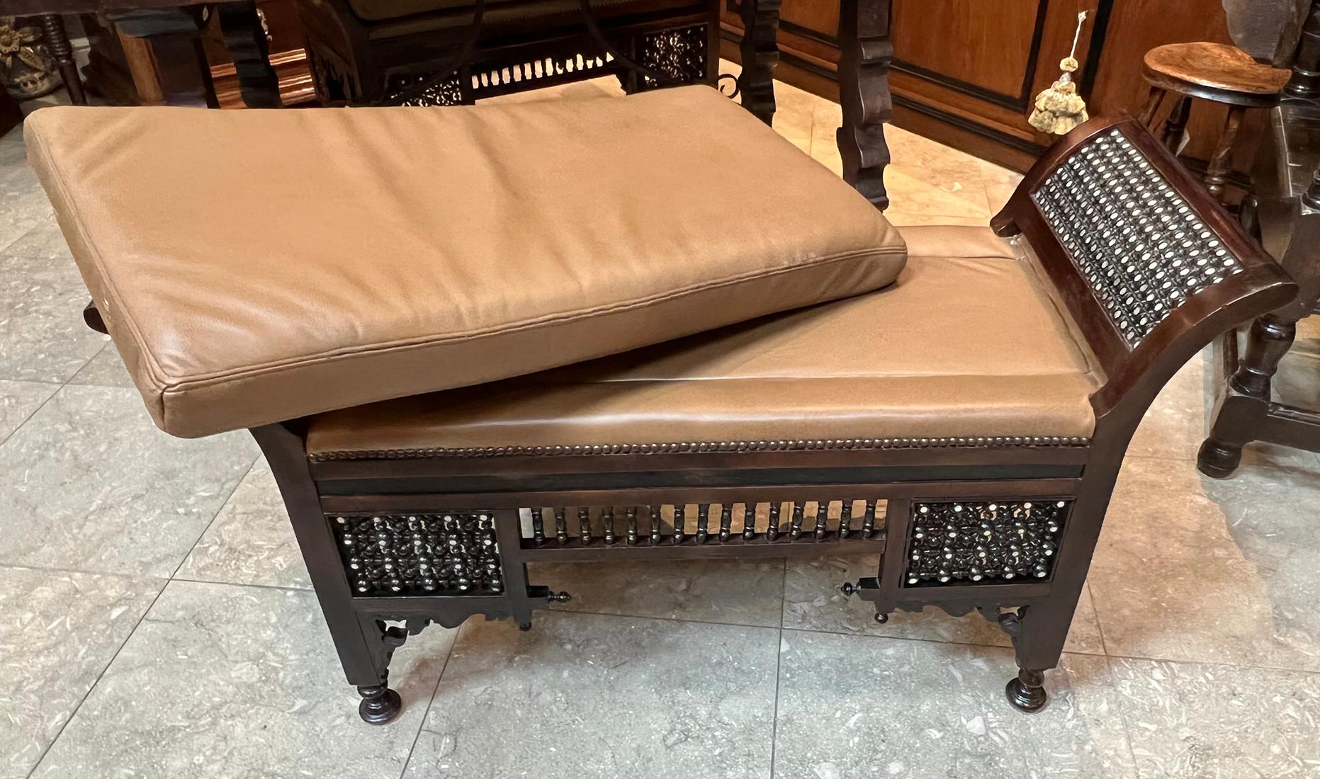 African Pair of Antique Moorish Carved Hardwood and Inlaid Upholstered Benches For Sale