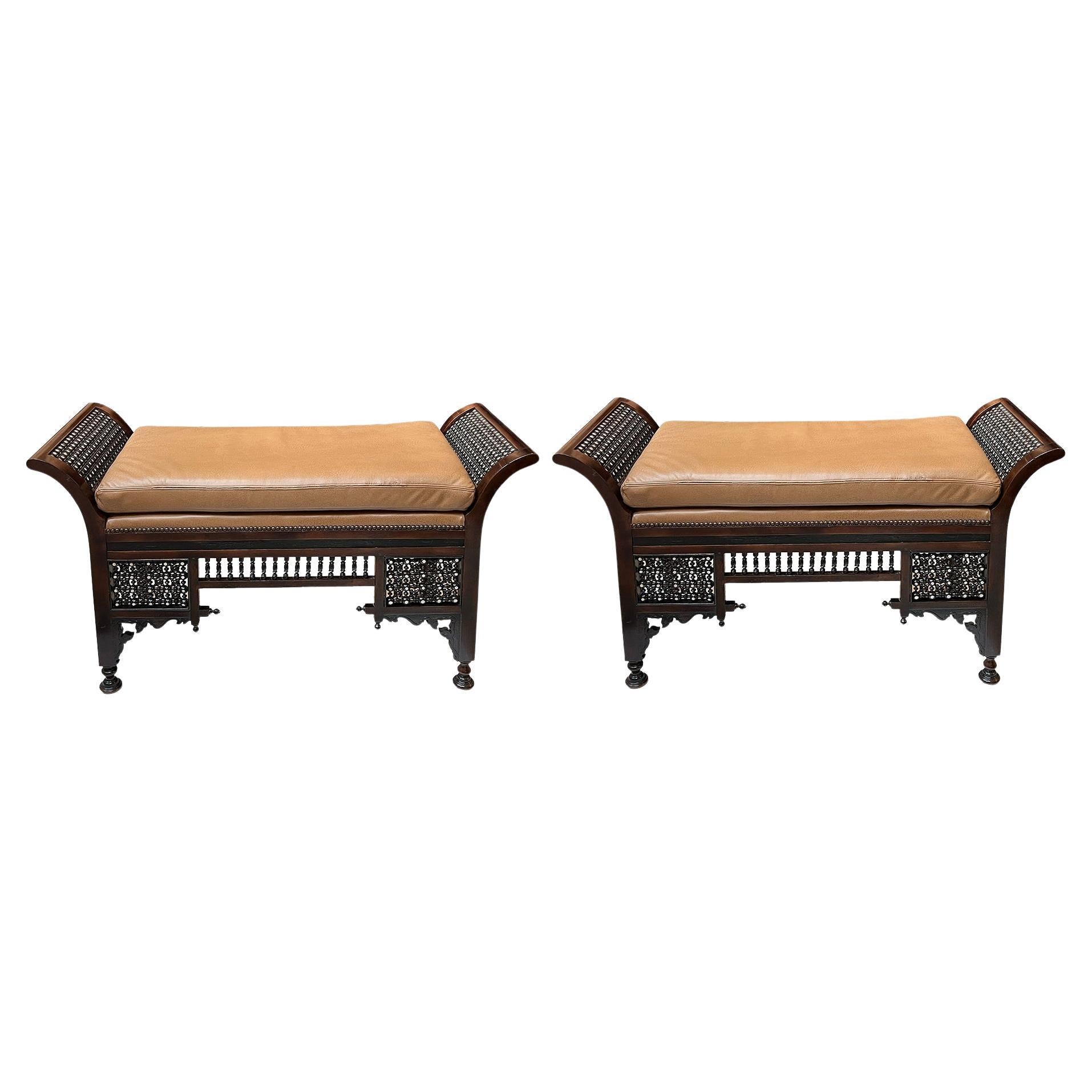 Pair of Antique Moorish Carved Hardwood and Inlaid Upholstered Benches For Sale