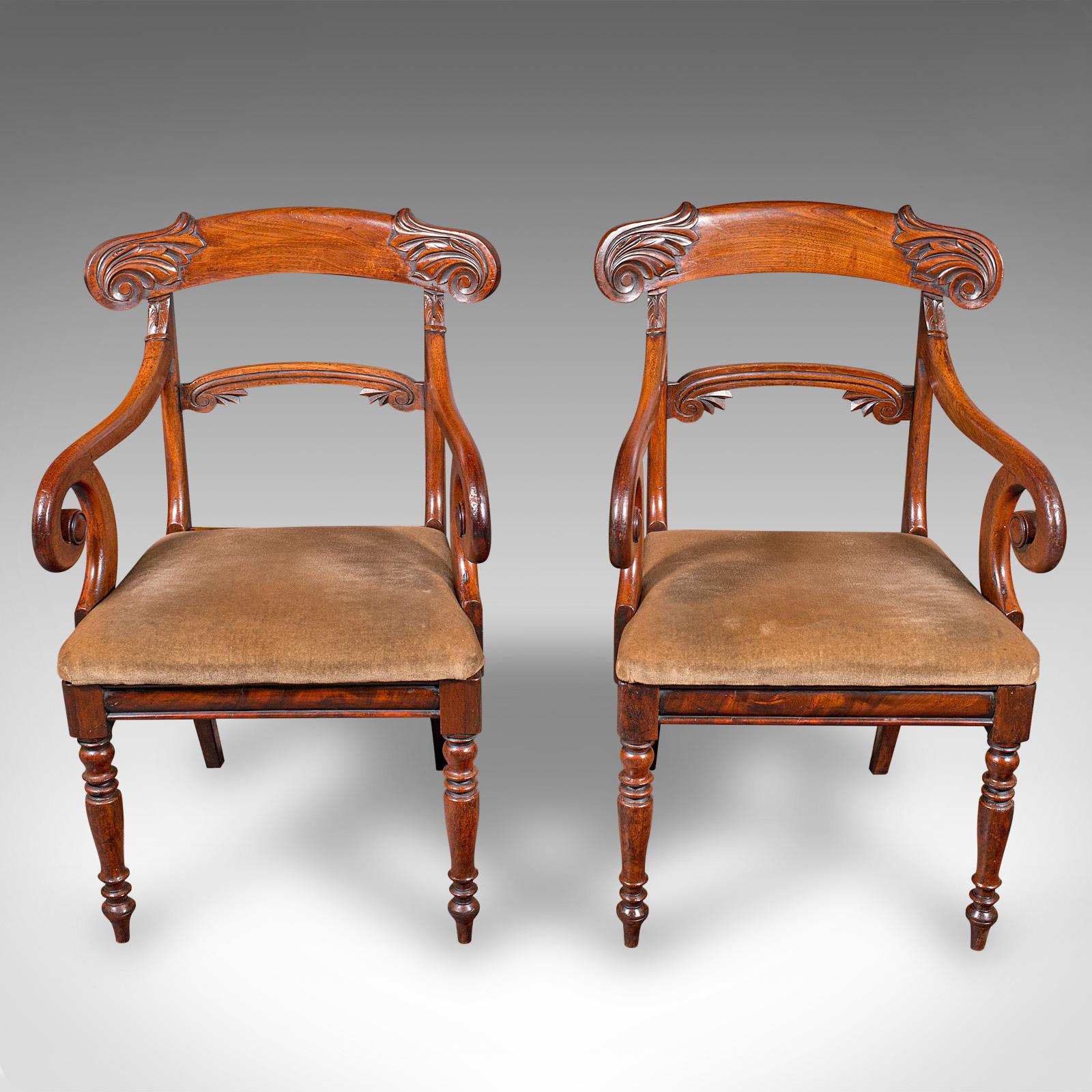 Dies ist ein schönes Paar antiker Morgenstühle. Ein englischer Ellbogensessel aus Mahagoni, aus der Regency-Zeit, um 1820. Elegant proportioniert und von hervorragender handwerklicher Qualität, bieten diese Stühle mit ihren dekorativen Schnitzereien