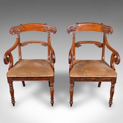 Pair of Antique Morning Room Chairs, English, Elbow Seat, Regency, Circa 1820