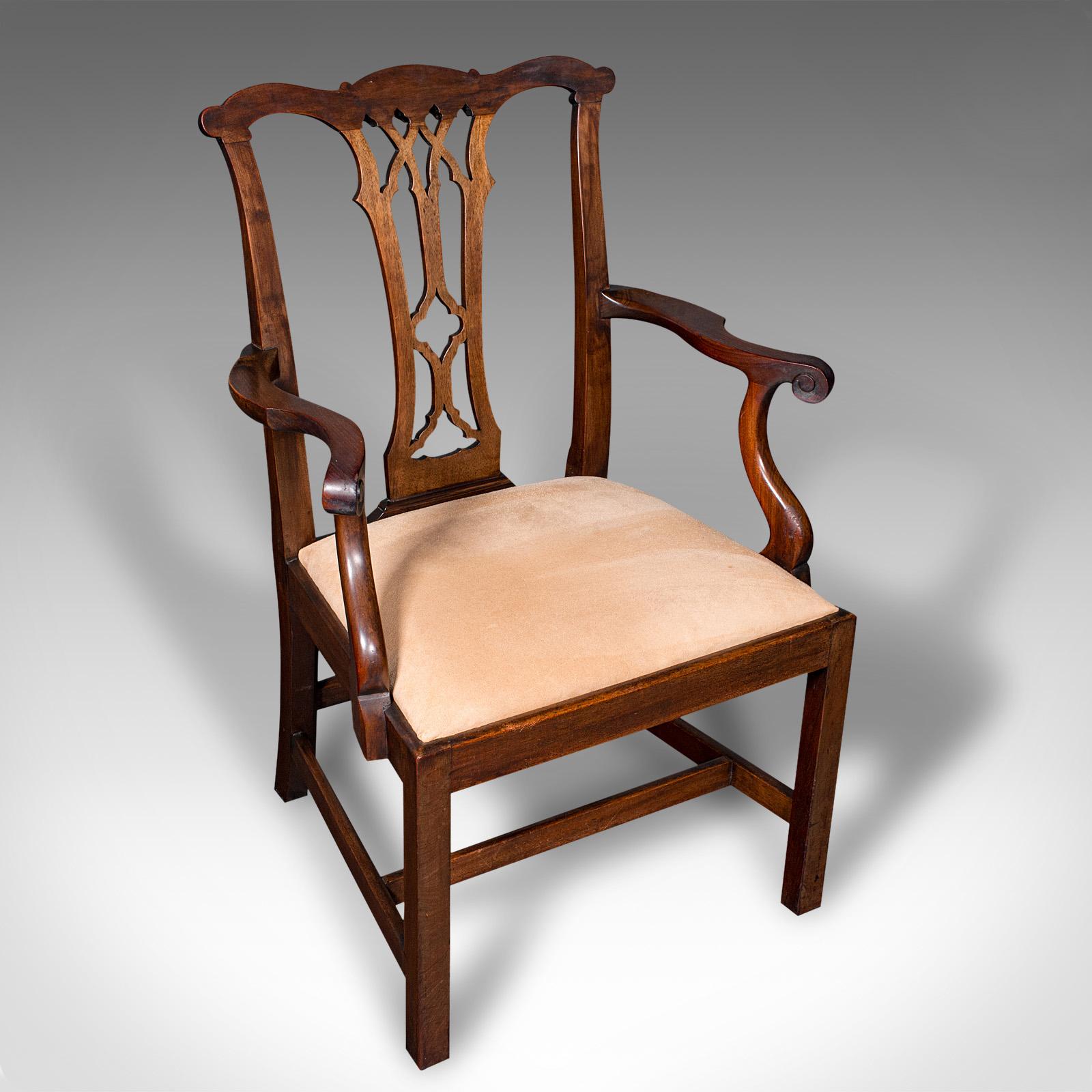 Late Victorian Pair Of Antique Morning Room Elbow Chairs, English, Chippendale Taste, Victorian For Sale