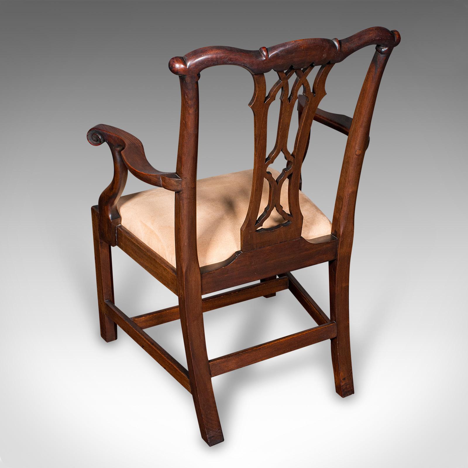 British Pair Of Antique Morning Room Elbow Chairs, English, Chippendale Taste, Victorian For Sale