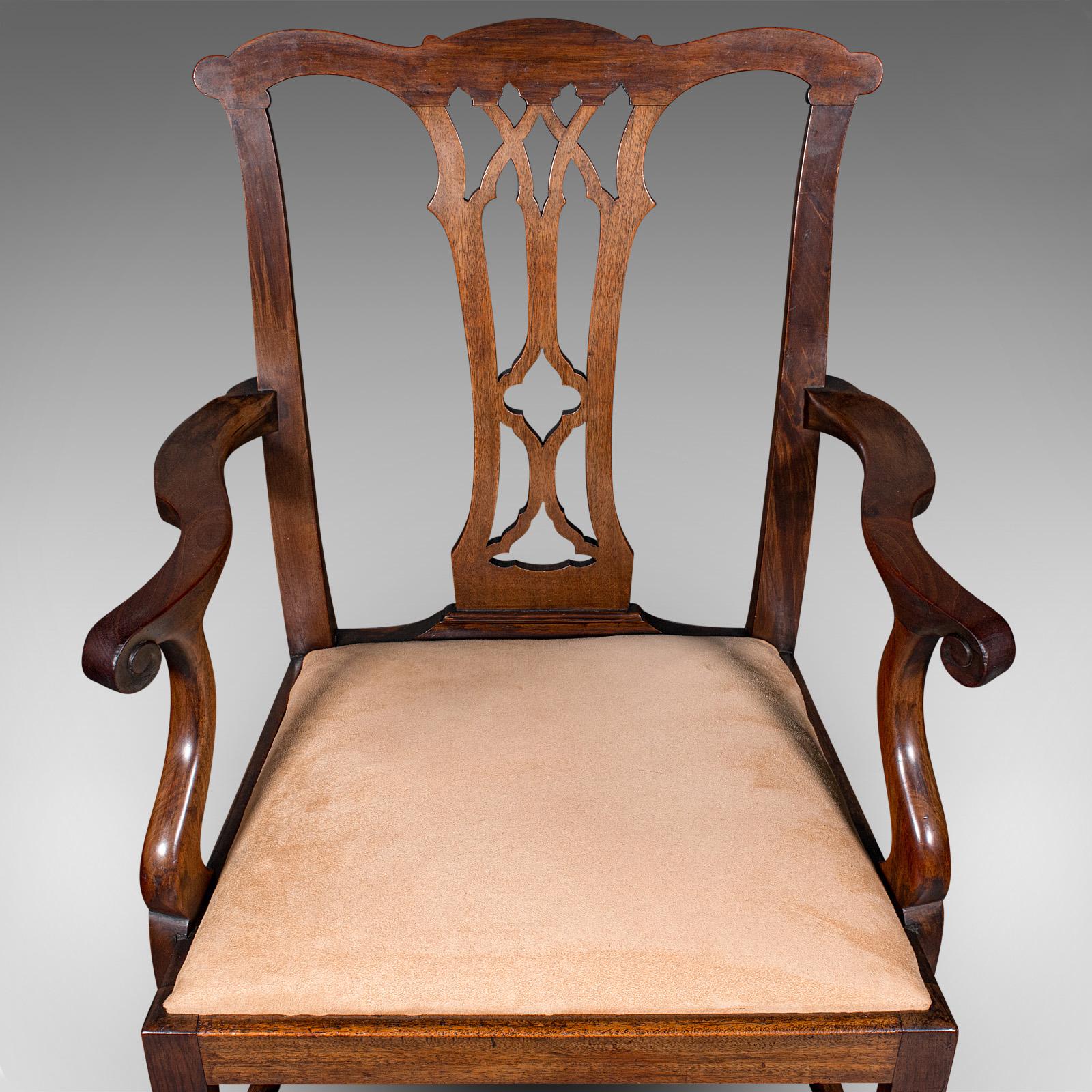 Wood Pair Of Antique Morning Room Elbow Chairs, English, Chippendale Taste, Victorian For Sale