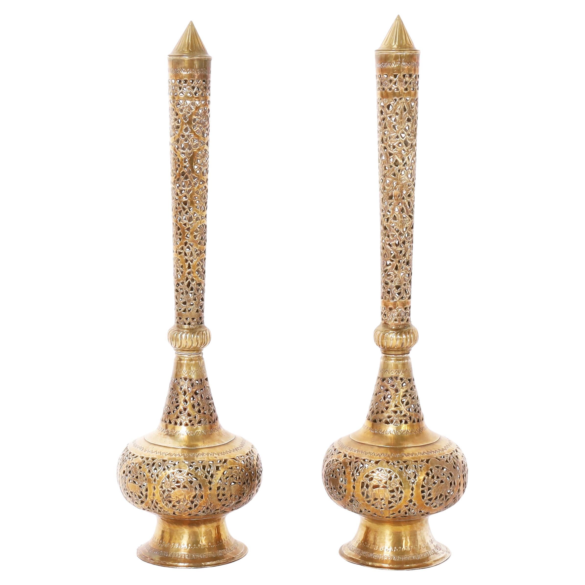 Pair of Antique Moroccan Brass Incense Burners or Garnitures