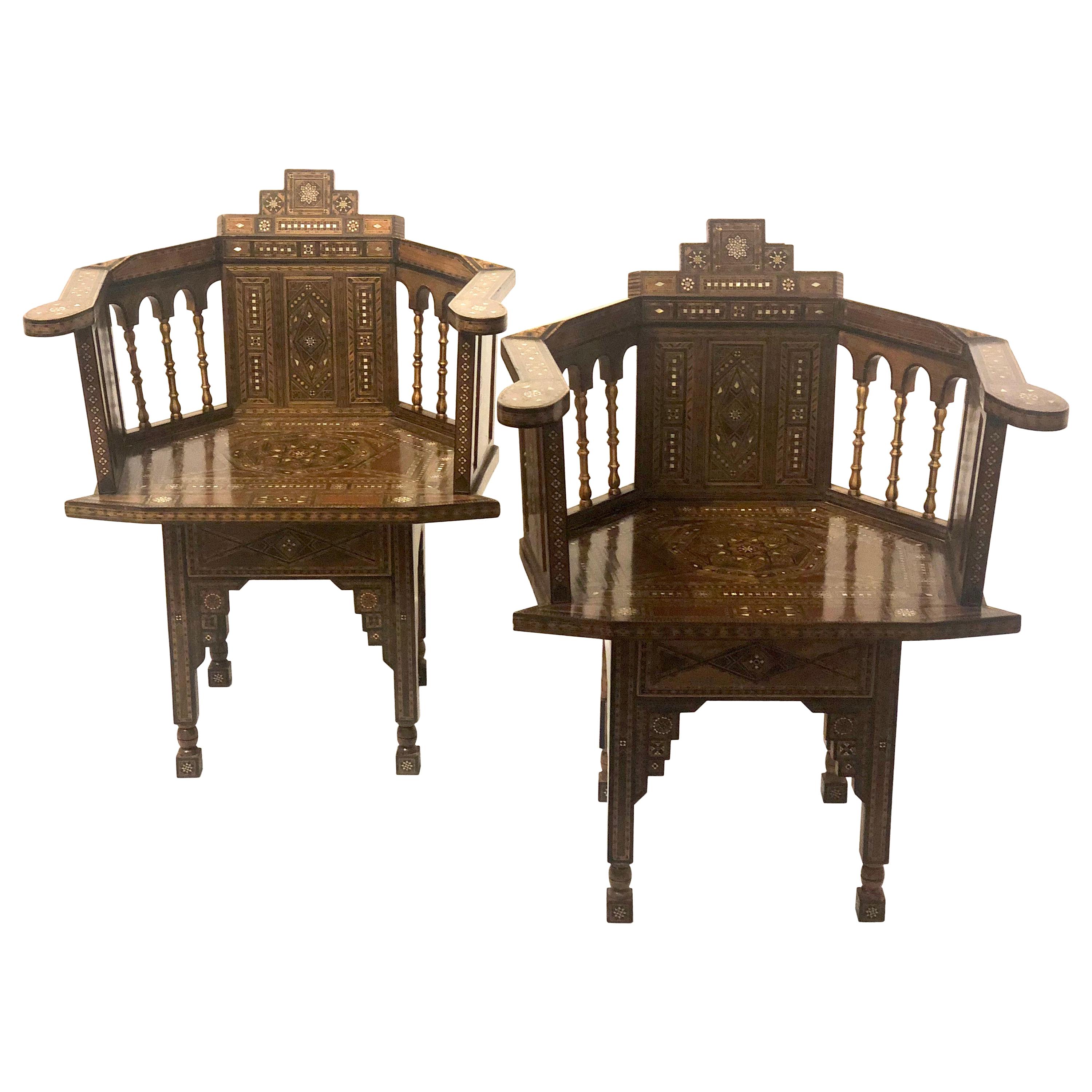 Pair of Antique Moroccan or Syrian Barrel Back Armchairs