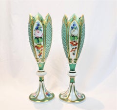 Pair of Antique Moser Style Green Glass Vases with Enamelled Panels & Gilt Decor