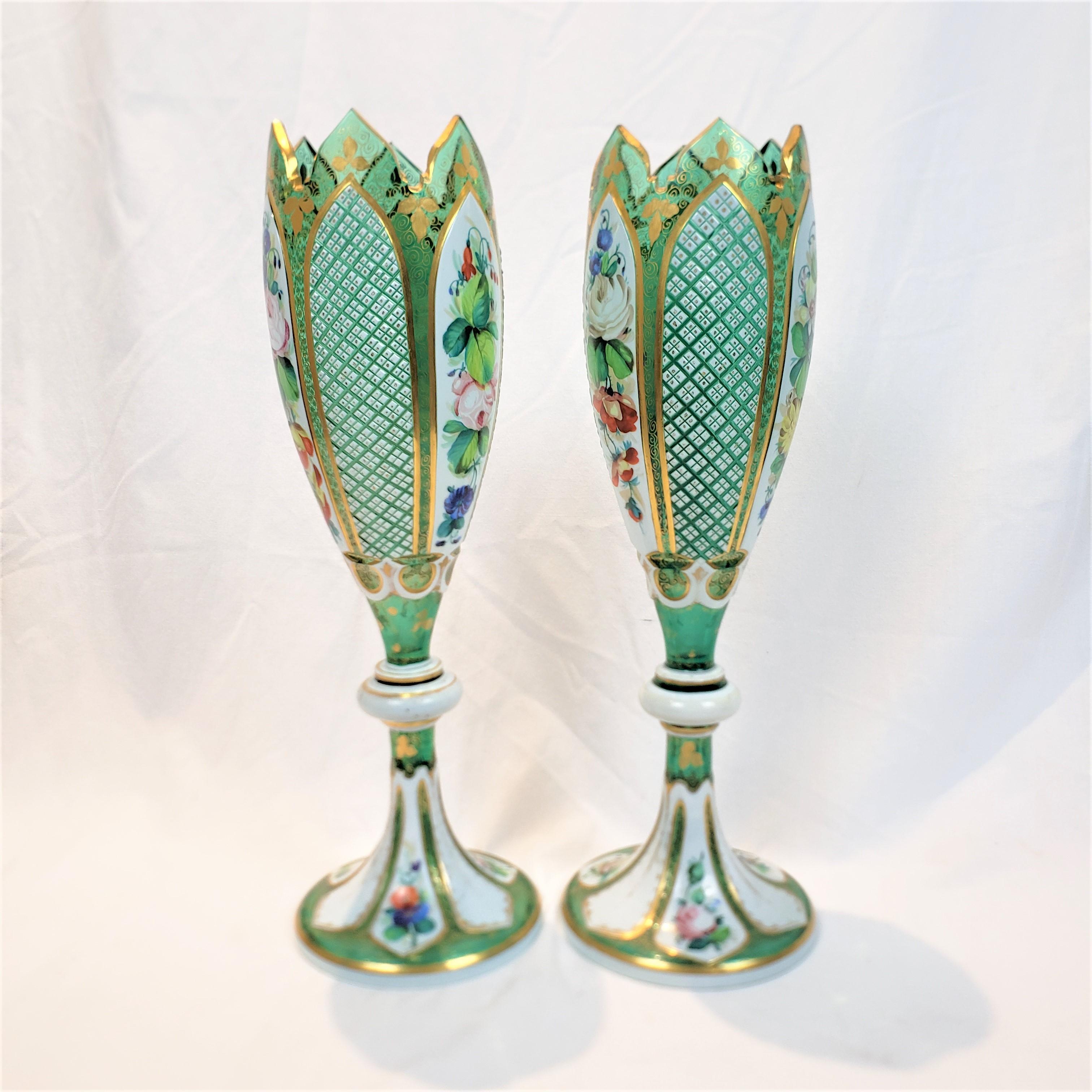 Late Victorian Pair of Antique Moser Style Green Glass Vases with Enamelled Panels & Gilt Decor