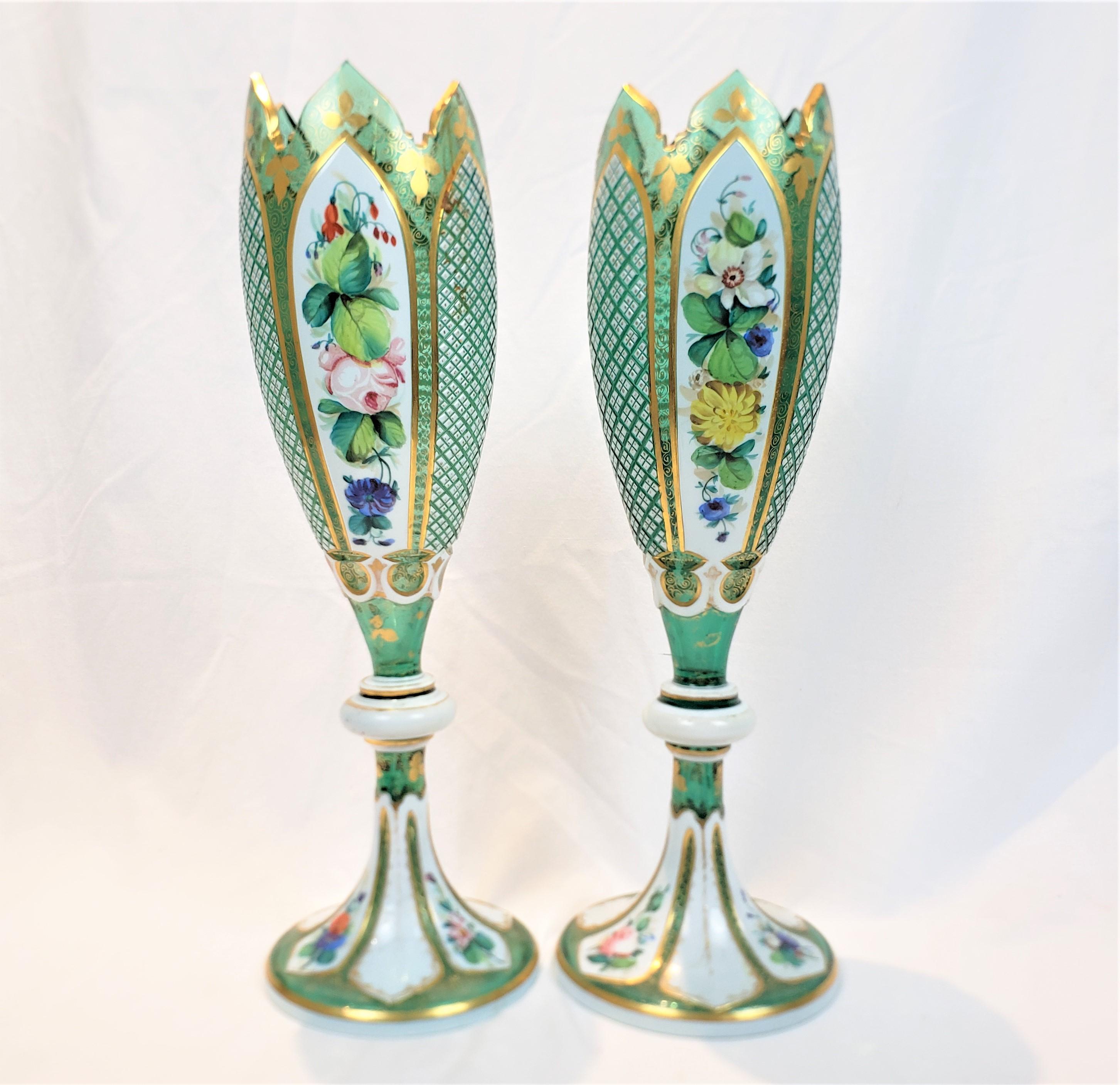 Czech Pair of Antique Moser Style Green Glass Vases with Enamelled Panels & Gilt Decor