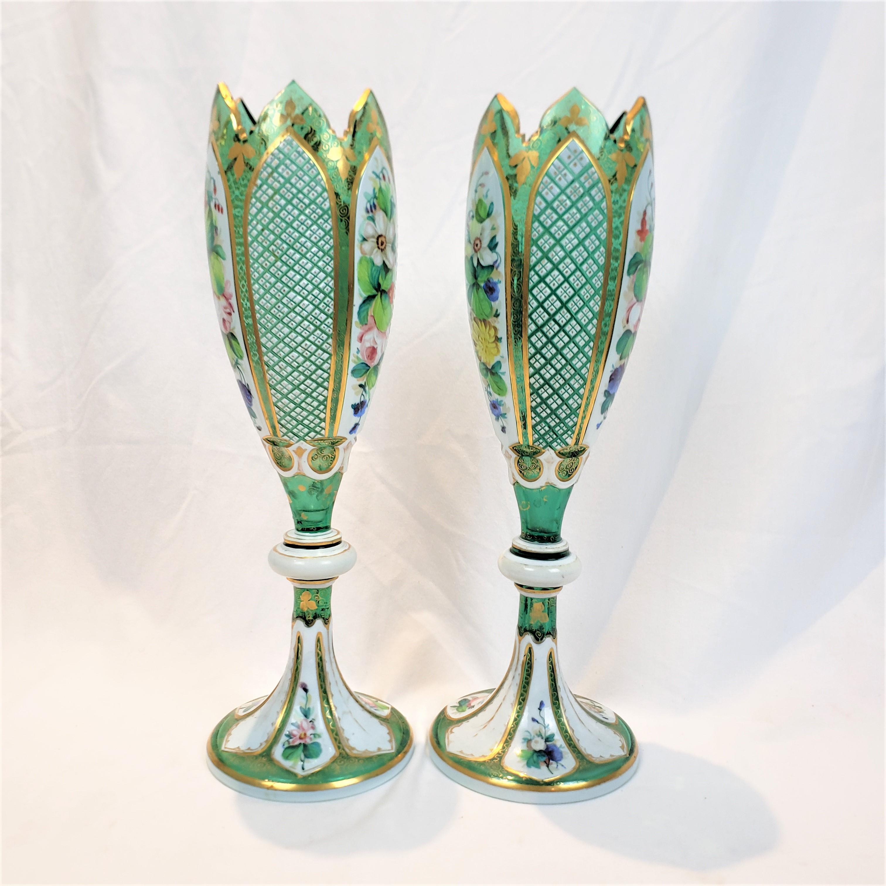 Enameled Pair of Antique Moser Style Green Glass Vases with Enamelled Panels & Gilt Decor