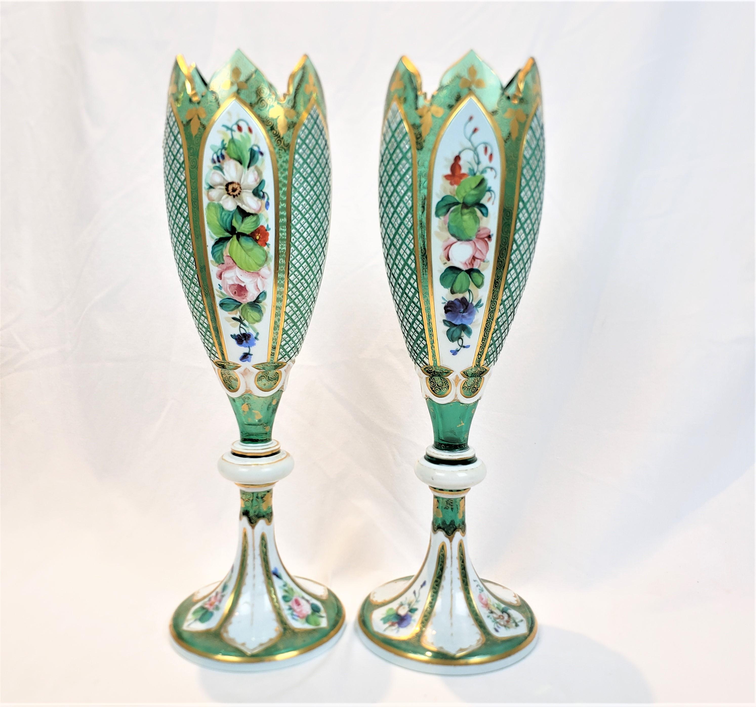 Pair of Antique Moser Style Green Glass Vases with Enamelled Panels & Gilt Decor In Good Condition In Hamilton, Ontario