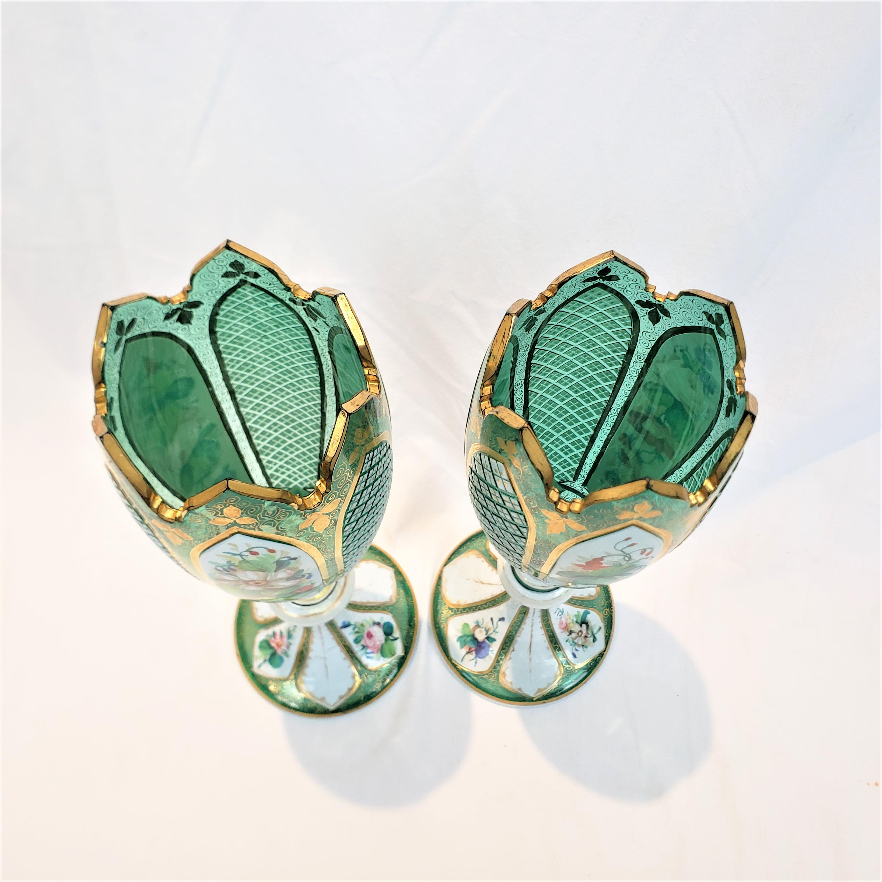 19th Century Pair of Antique Moser Style Green Glass Vases with Enamelled Panels & Gilt Decor