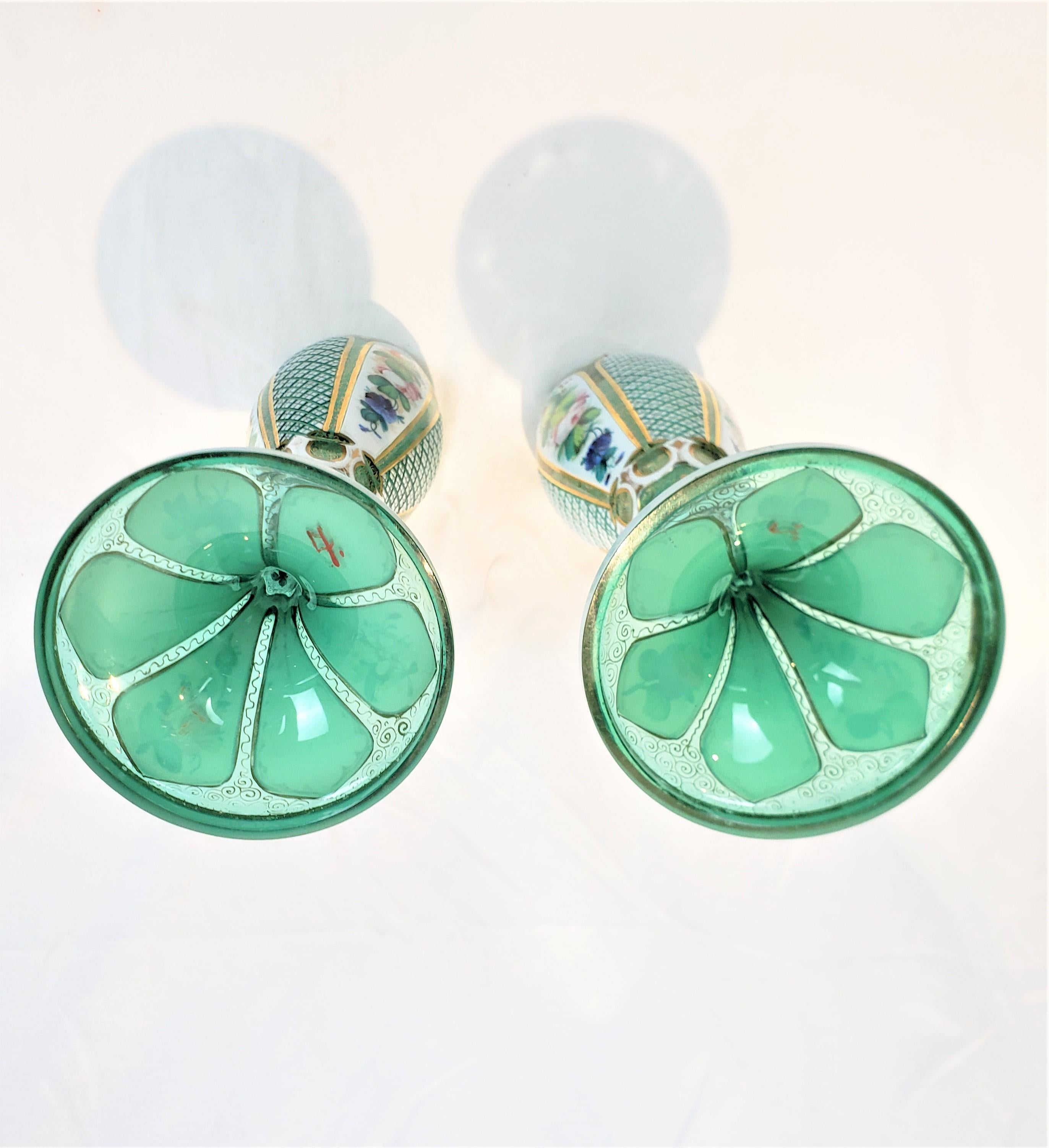 Cut Glass Pair of Antique Moser Style Green Glass Vases with Enamelled Panels & Gilt Decor