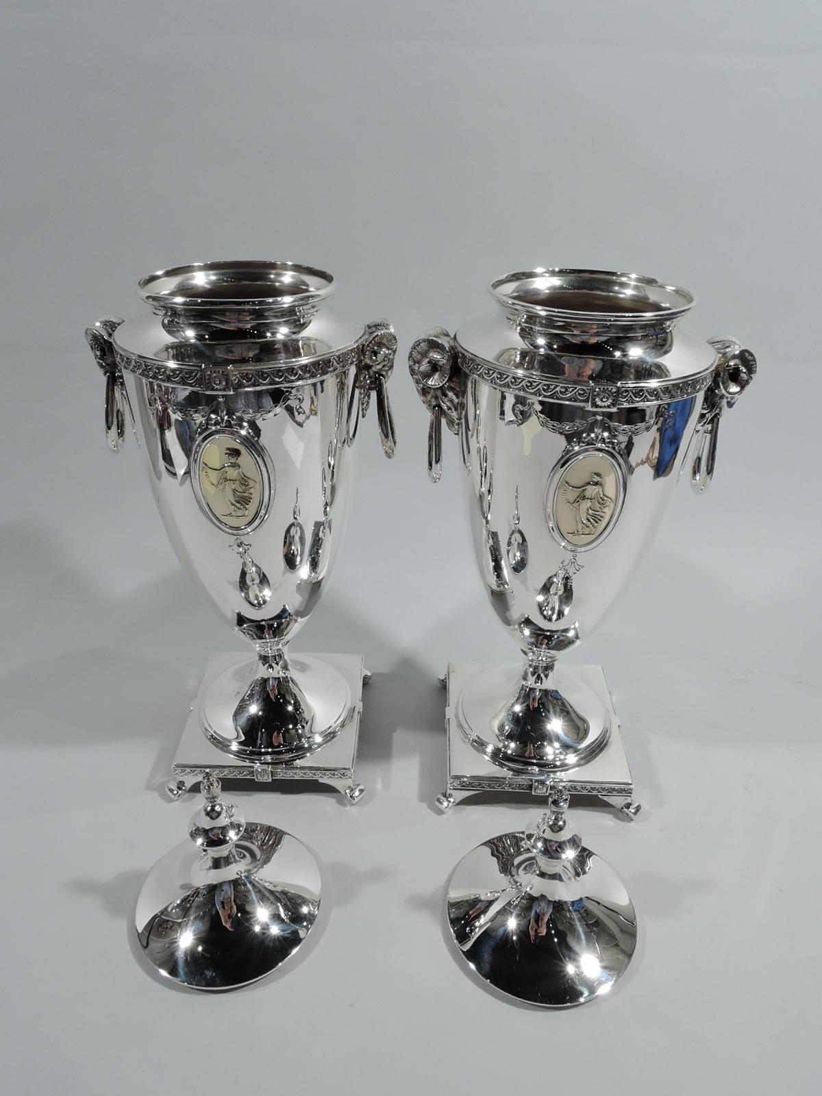 Neoclassical Revival Pair of Antique Mt Vernon Pompeiian American Sterling Silver Urns