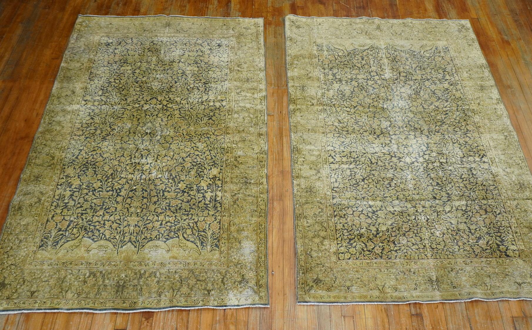 Pair of Antique Muddy Green Gold Persian Wool 20th Century Rugs 8