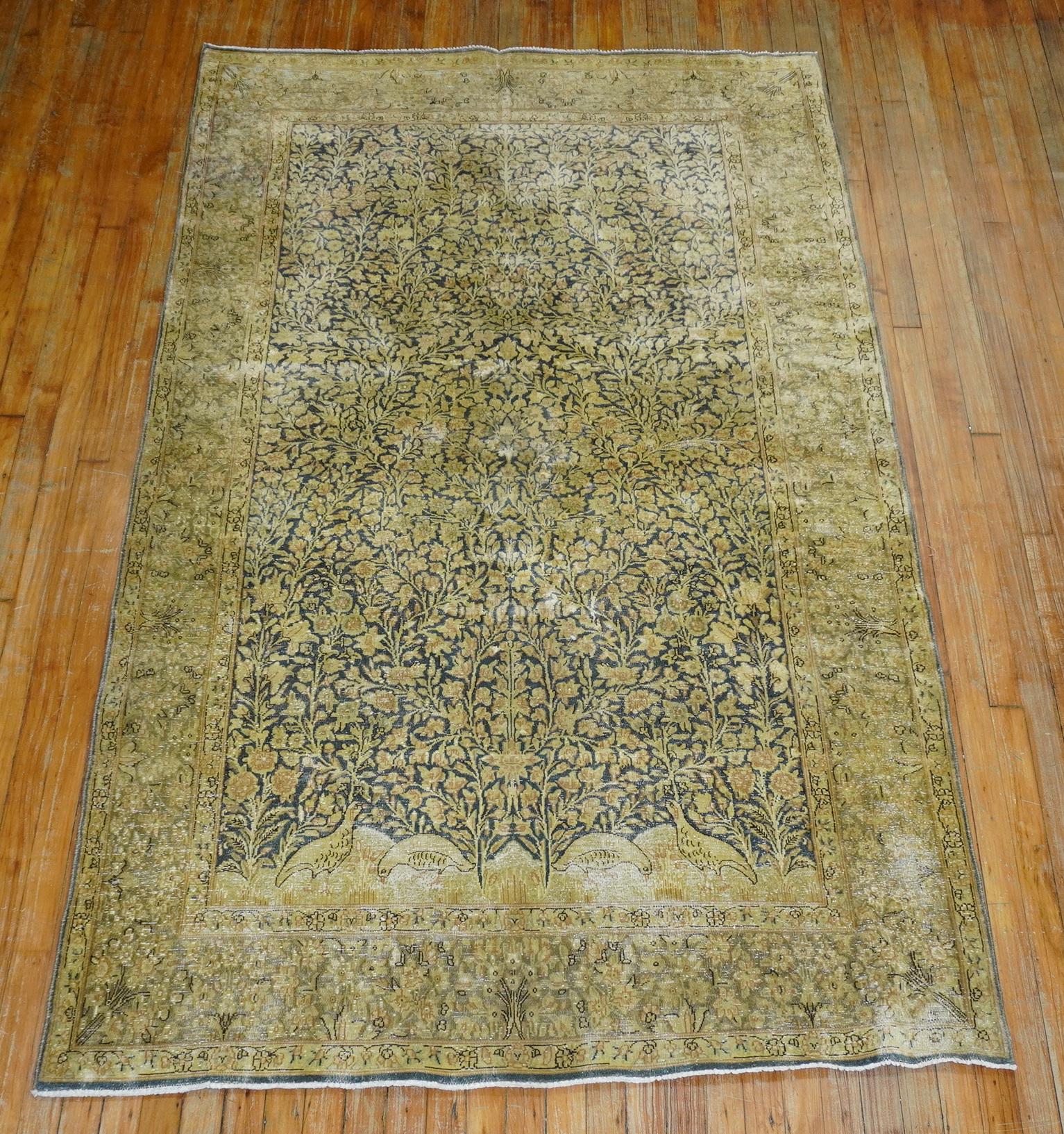 Pair of Antique Muddy Green Gold Persian Wool 20th Century Rugs 3