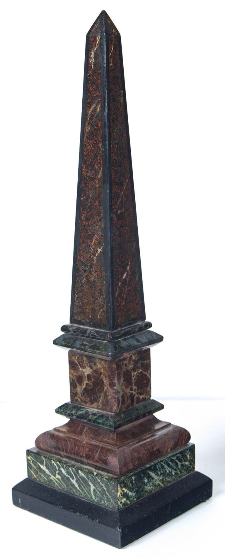 Egyptian Pair of Antique Multicolored Marble, Slate and Faux Marble Obelisks For Sale