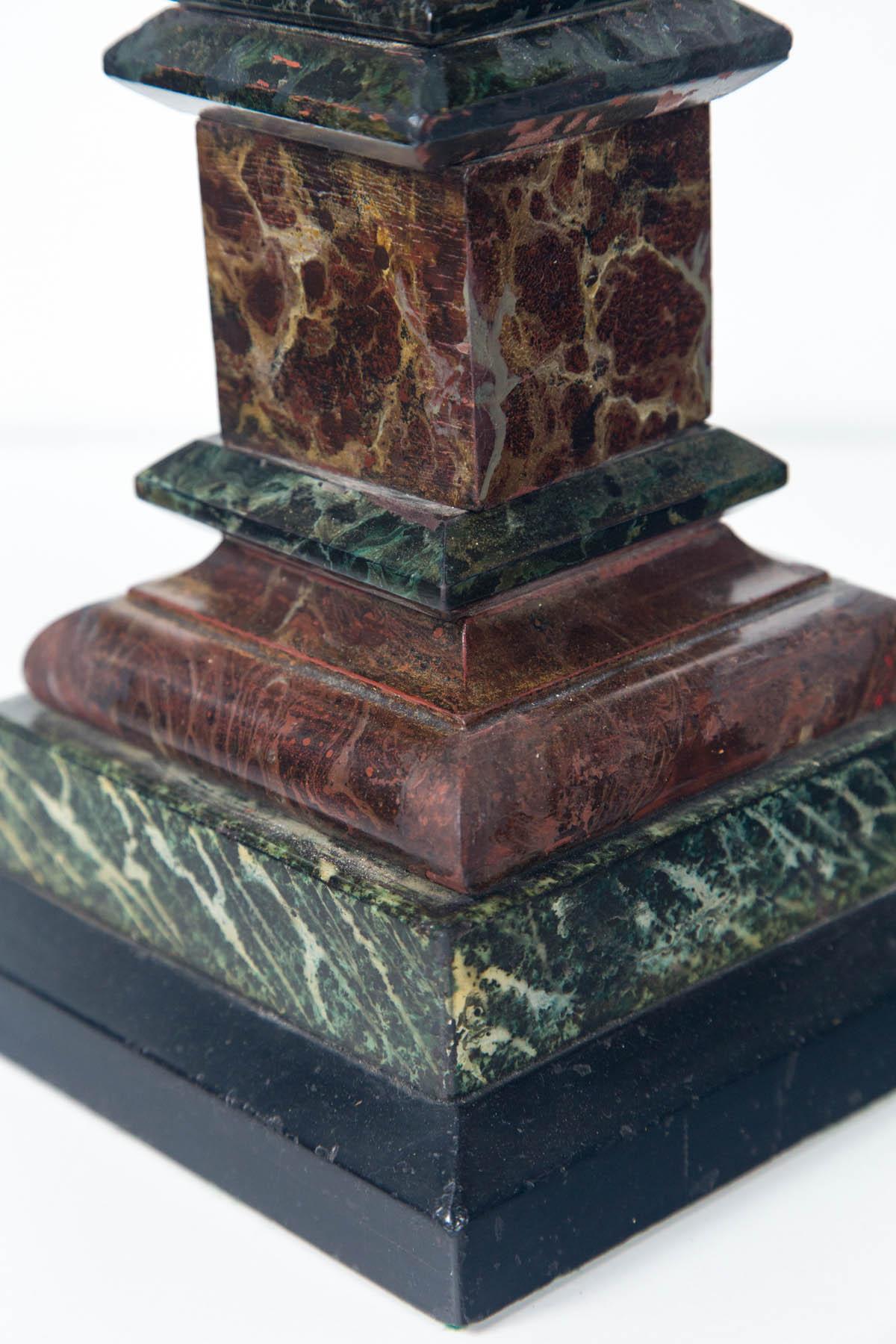 Italian Pair of Antique Multicolored Marble, Slate and Faux Marble Obelisks For Sale