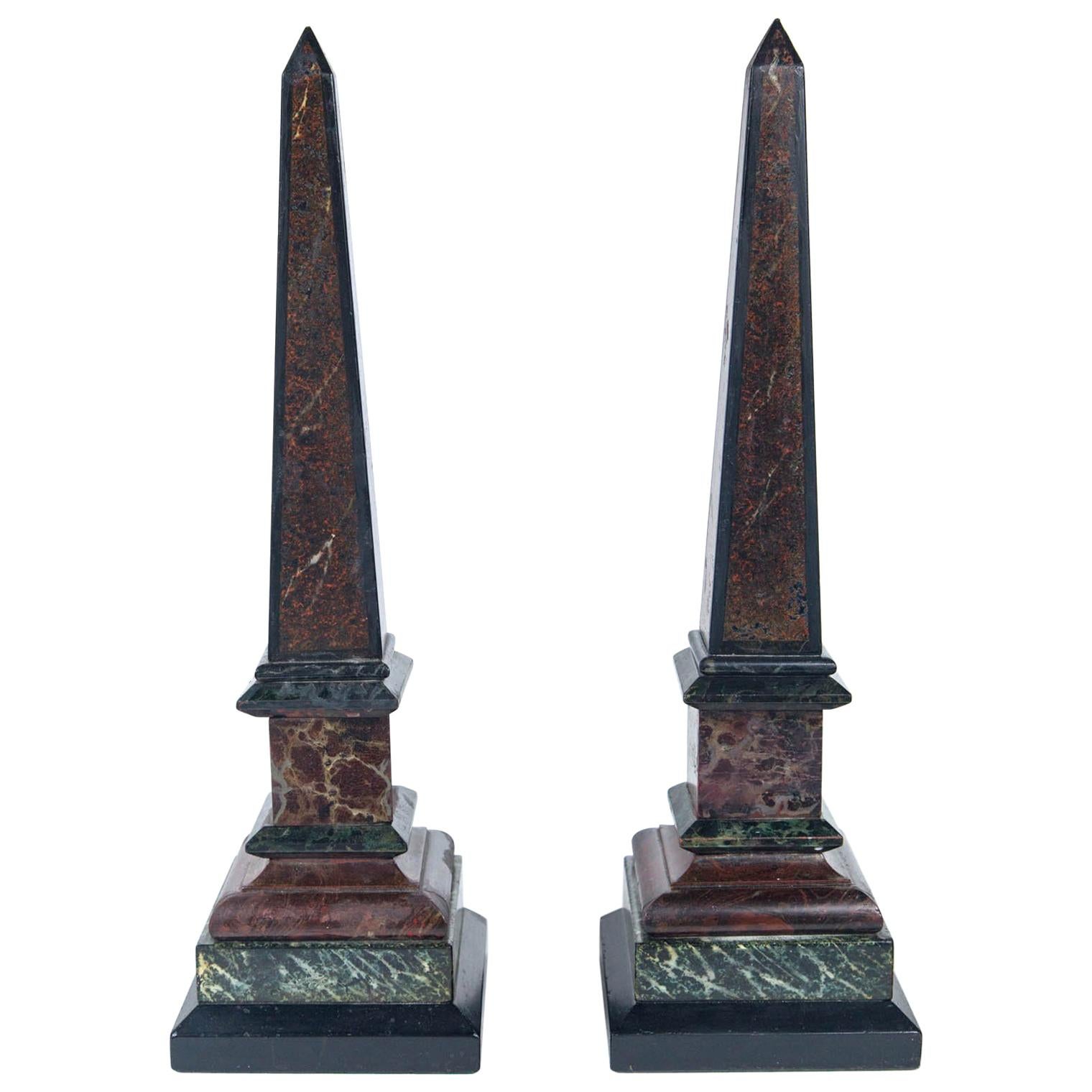 Pair of Antique Multicolored Marble, Slate and Faux Marble Obelisks For Sale