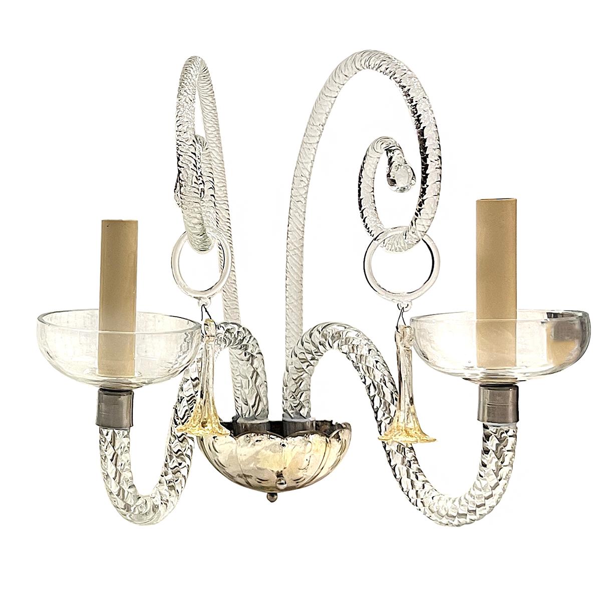Pair of circa 1920's antique Murano glass two-arm sconces.

Measurements:
Height: 13