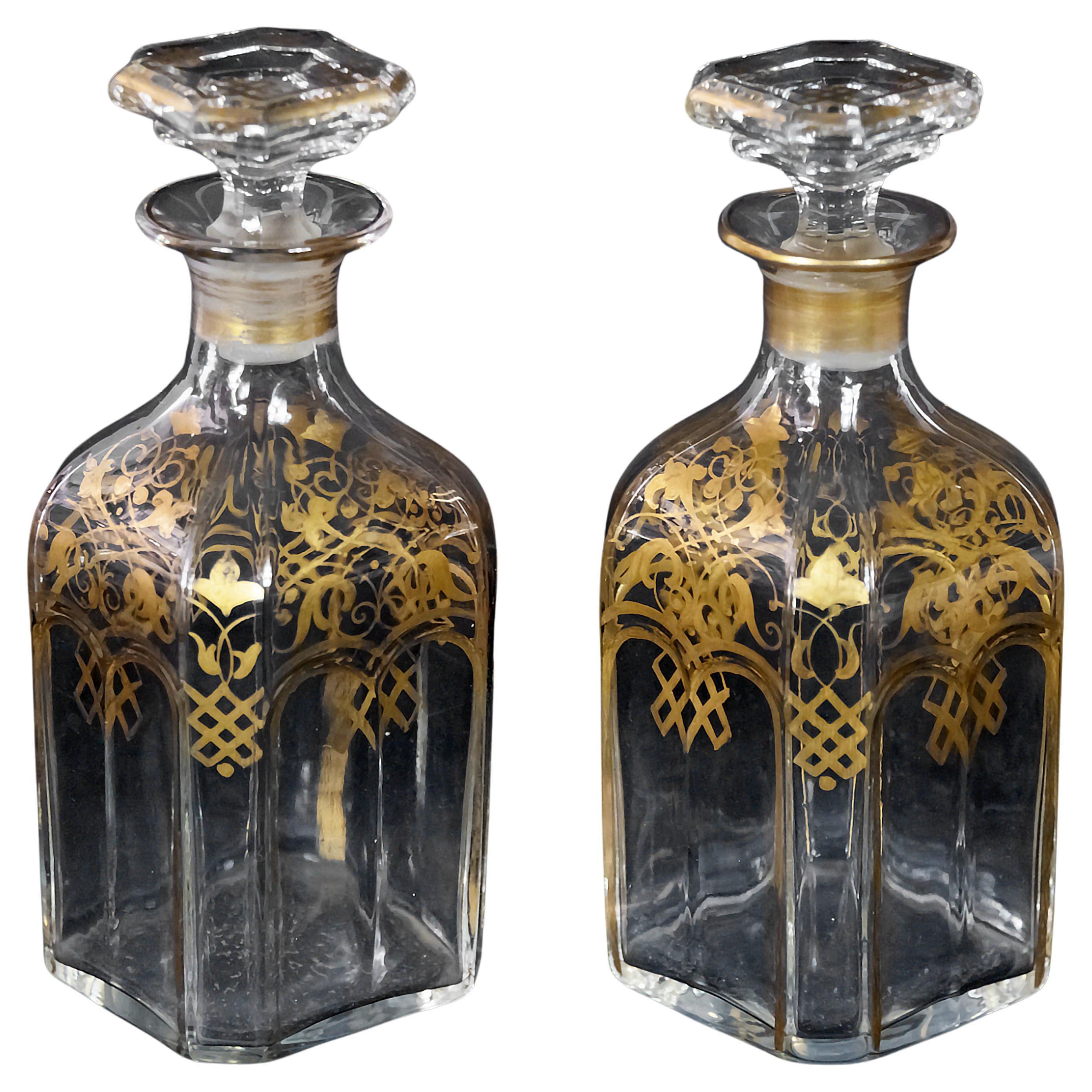 Pair of antique French Napoleon III Baccarat crystal square decanters with hand painted gold decor.
Very good antique condition.