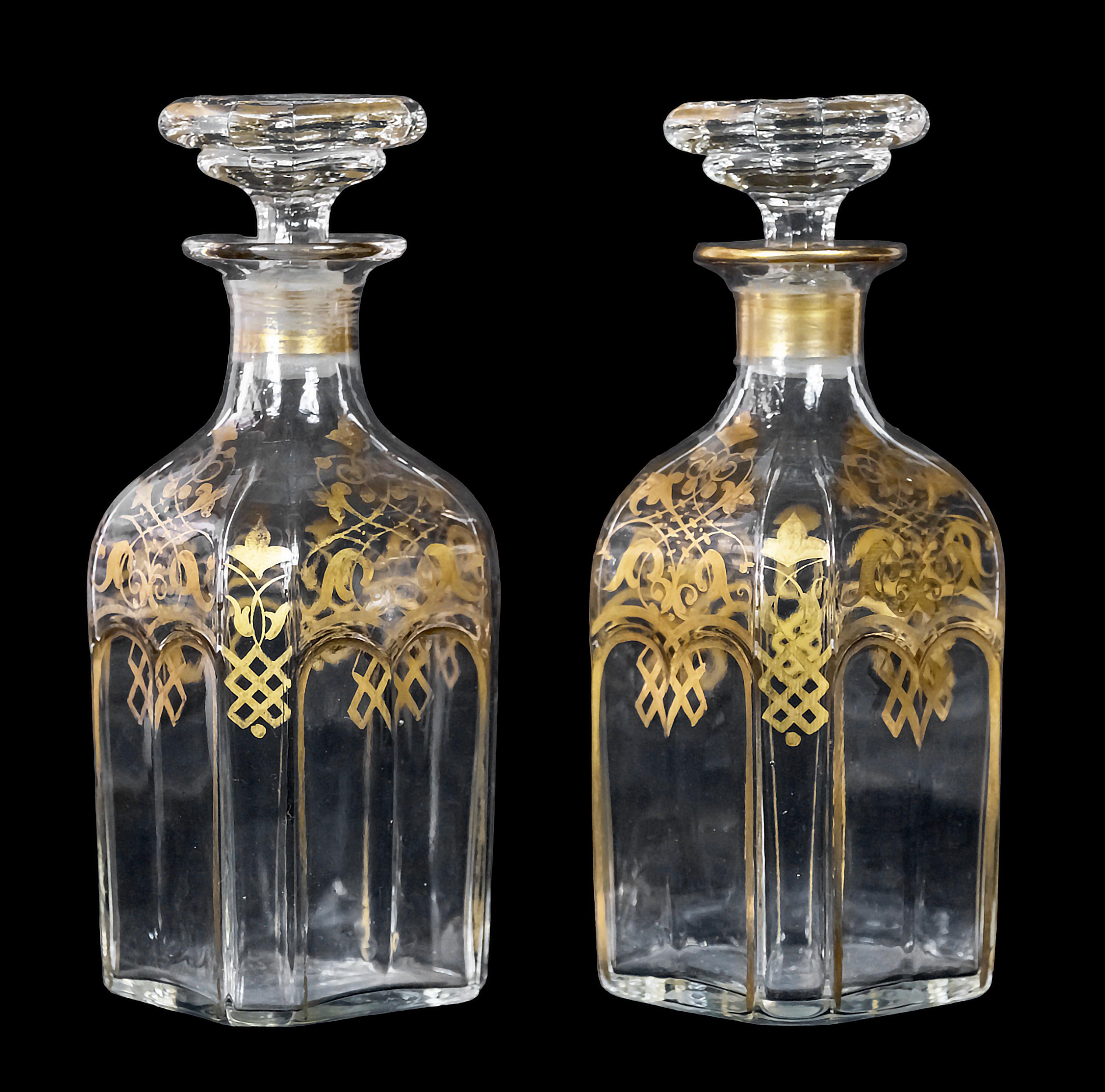 Gilt Pair of Antique Napoleon III Baccarat Crystal Square Decanters For Sale
