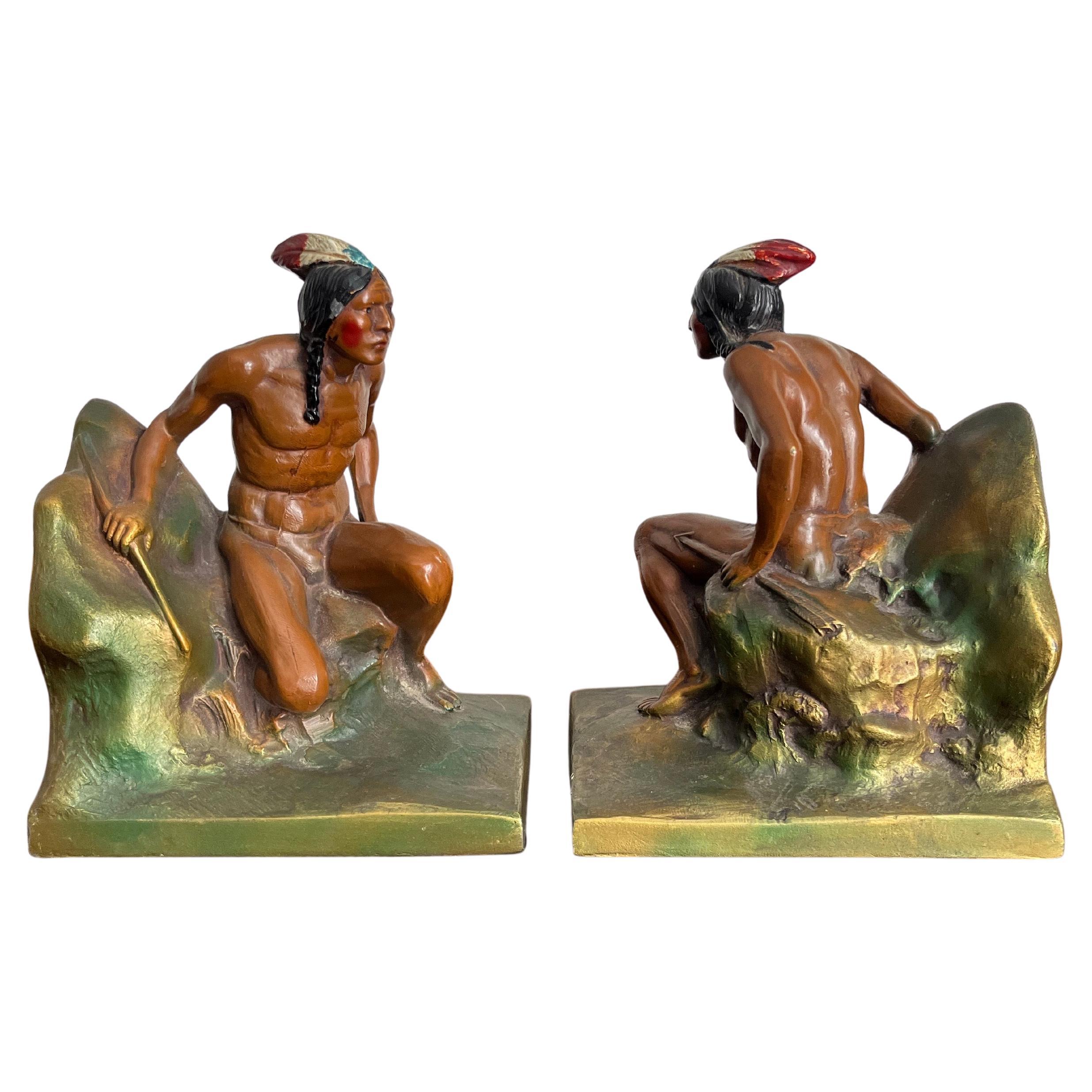 Early 20th Century Hand-Painted Native American Figural Bookends