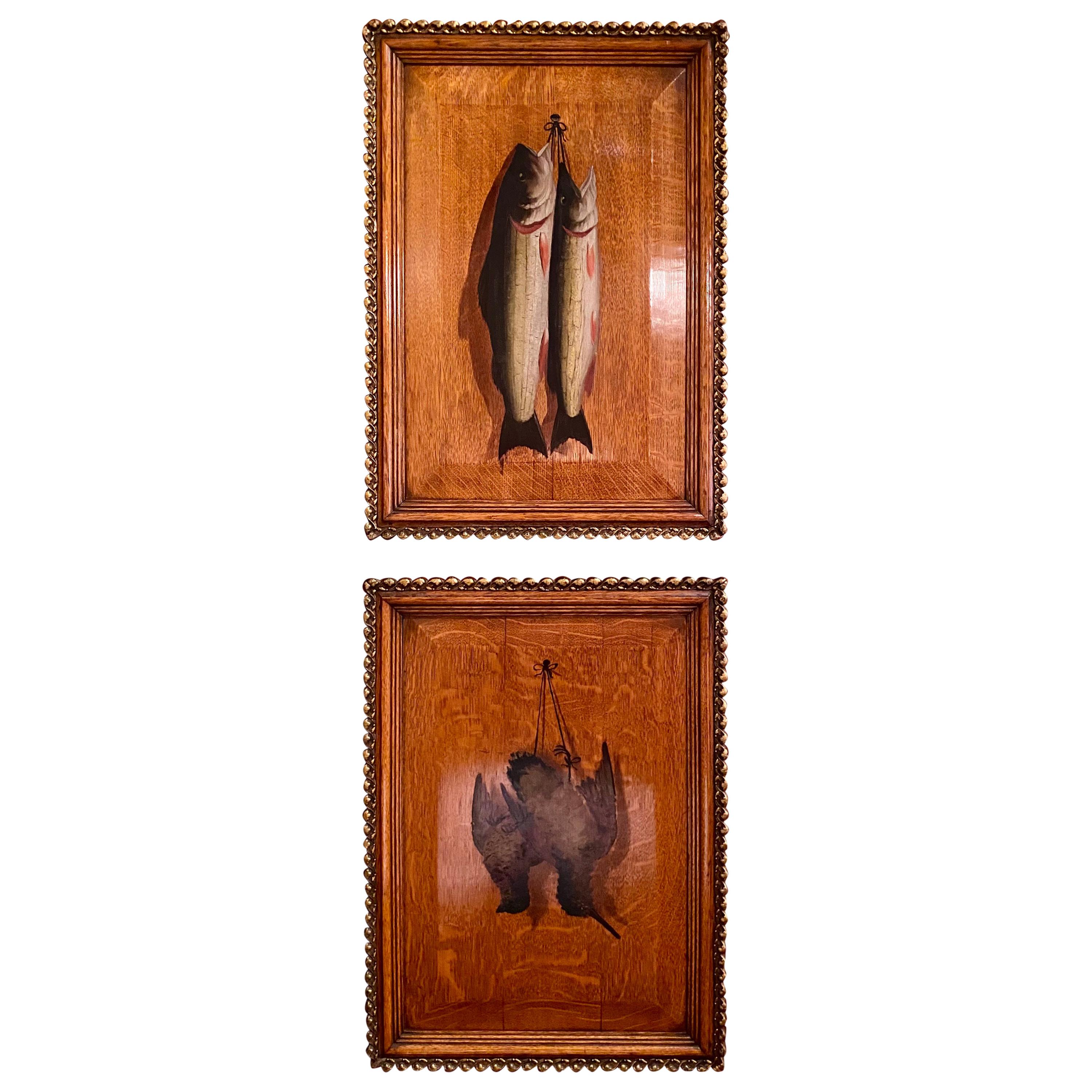 Pair of Antique "Natur Mort" Paintings on Wood Panels with Carved Frames