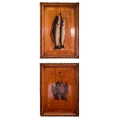 wood mort Pair of Antique "Natur Mort" Paintings on Wood Panels with Carved Frames