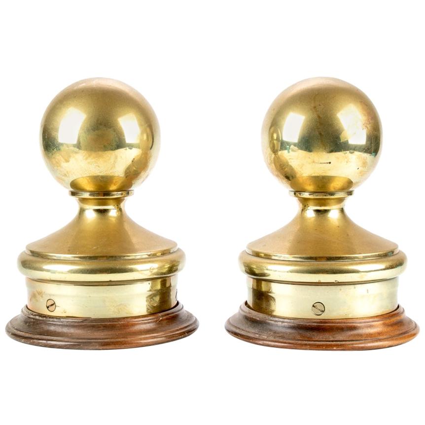 Pair of Antique Nautical Brass Bollards on Wooden Plinth Base