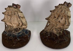 Pair of Antique Nautical Cast Iron Sailboat Bookends Polychrome Painted Finish