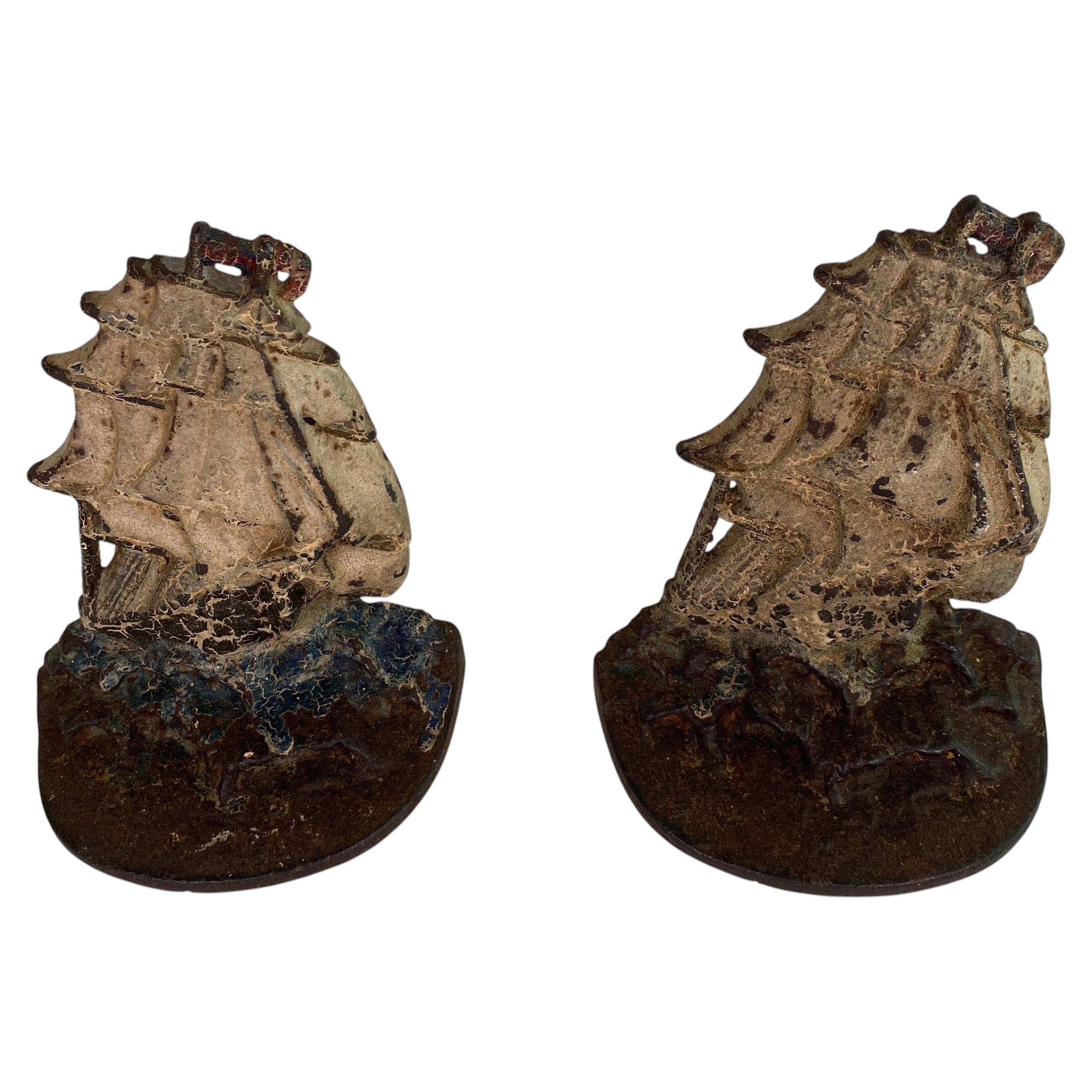 Pair of Antique Nautical Cast Iron Sailboat Bookends Polychrome Painted Finish