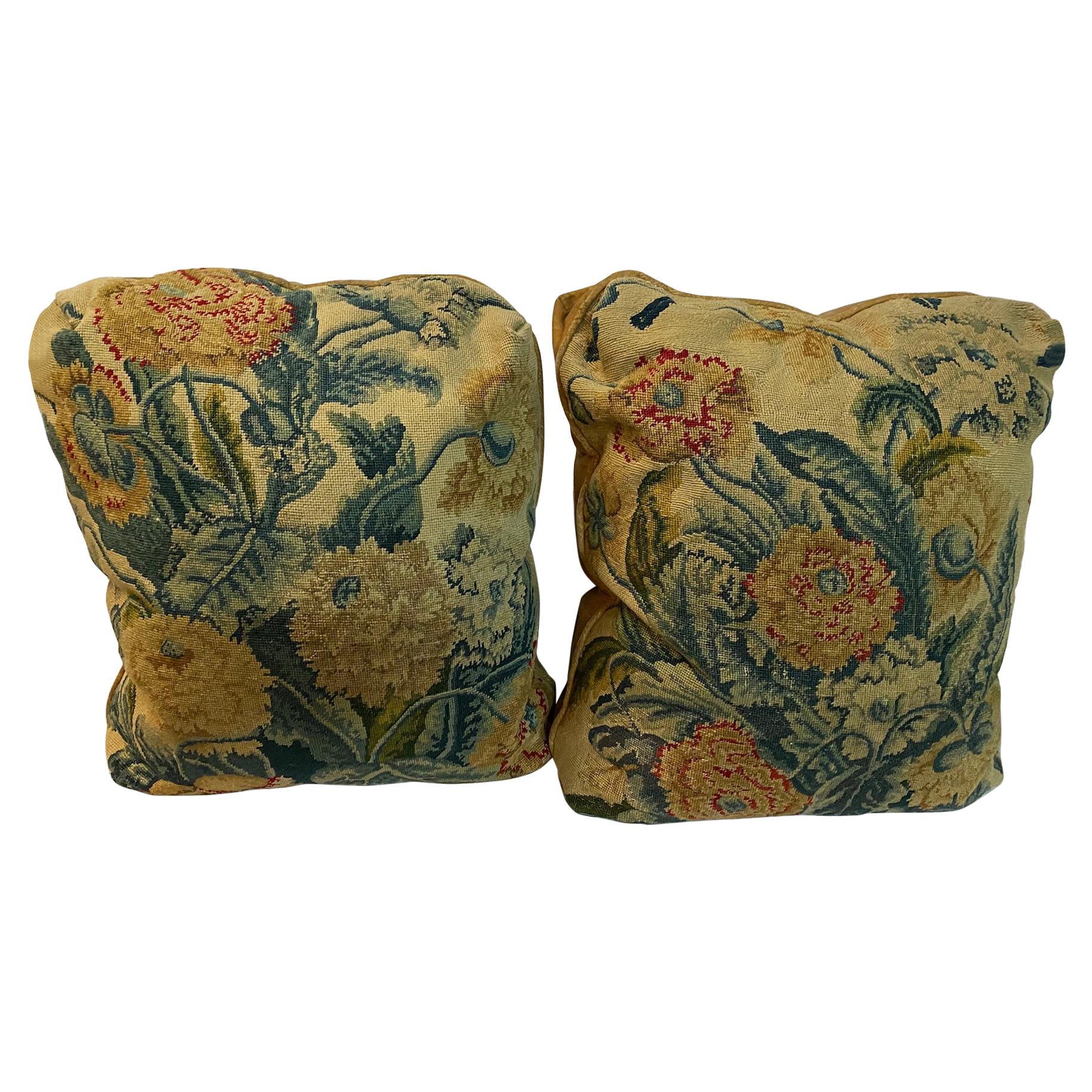 Pair of Antique Needlework Floral Cushions For Sale
