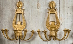 Pair of Antique Neo Classical Gilt Bronze Lyre Form Scones