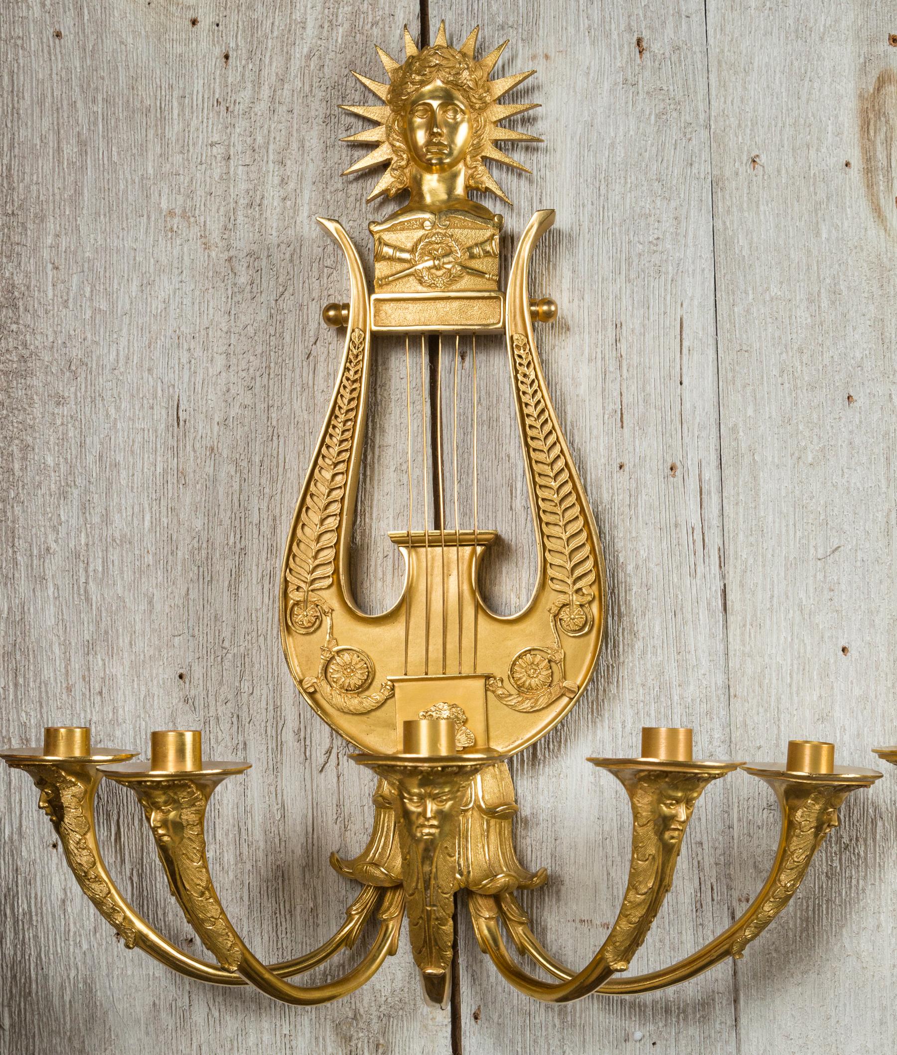 French Pair of Antique Neo Classical Gilt Bronze Lyre Form Scones For Sale