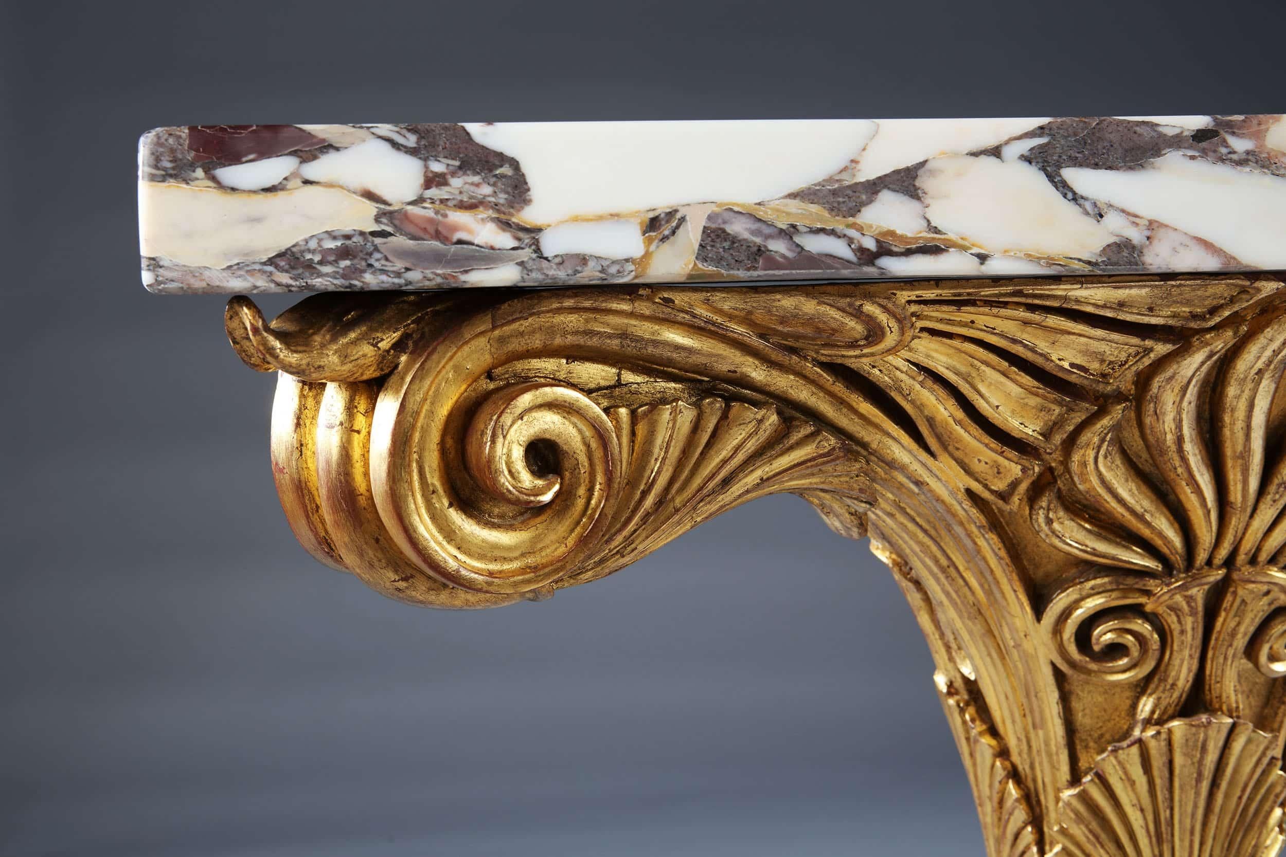 Carved Pair Of Antique Neo Classical Giltwood And Marble Monopedia Console Tables For Sale