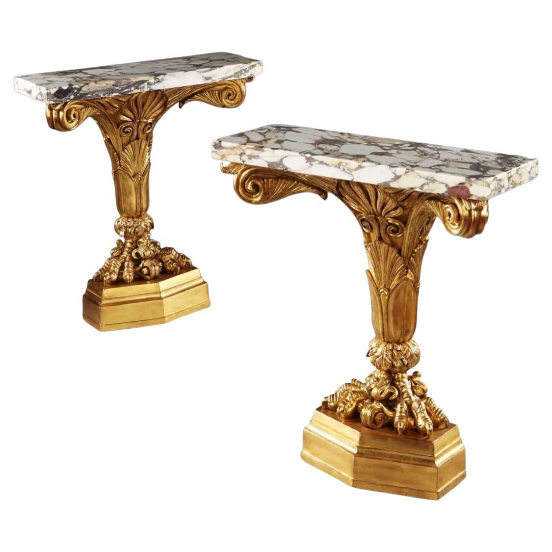 Pair Of Antique Neo Classical Giltwood And Marble Monopedia Console Tables For Sale