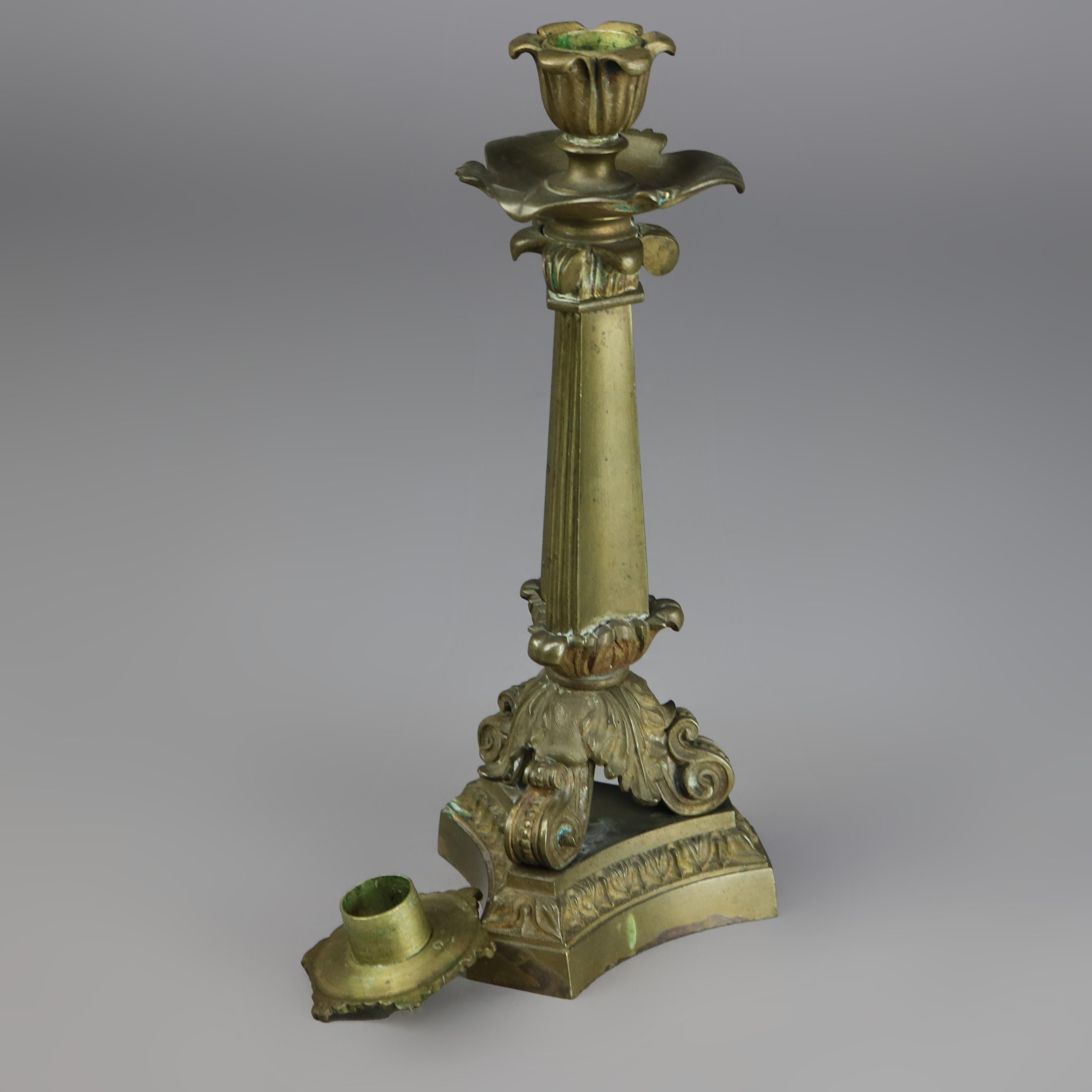 Pair of Antique Neoclassical Bronze Candlesticks with Scroll Form Feet and 
 Foliate Elements C1890

Measures- 11