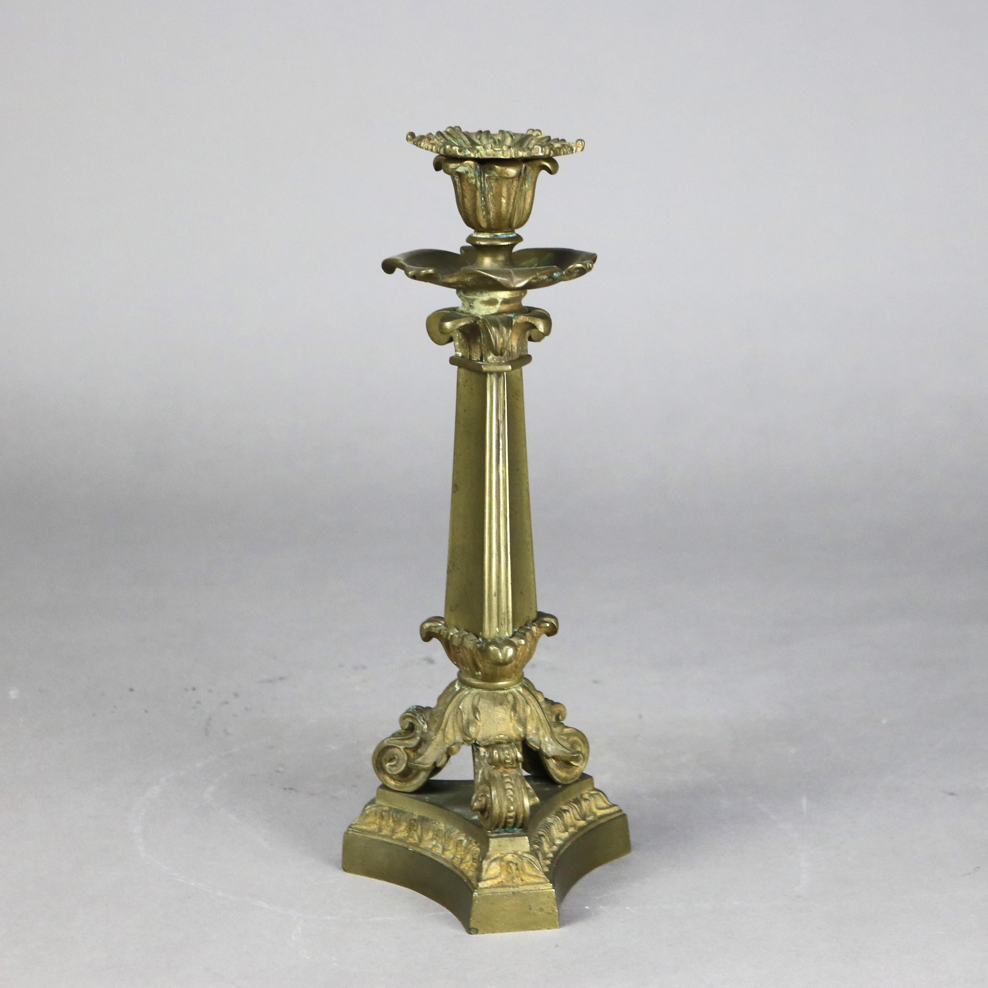Pair of Antique Neoclassical Bronze Candlesticks with Scroll Form Feet C1890 In Good Condition For Sale In Big Flats, NY